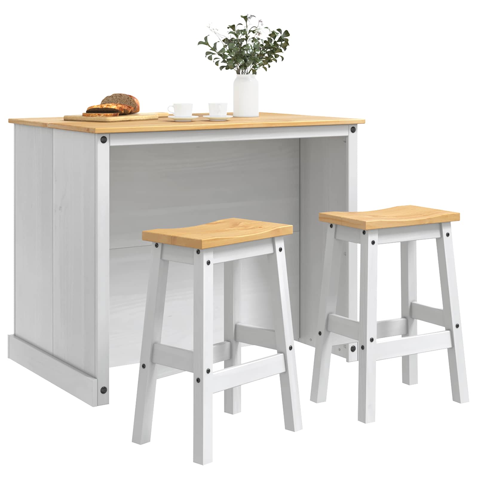 Ensemble Cuisine Îlot 3 pcs Blanc et Cire de Miel Pin massif - XIOS