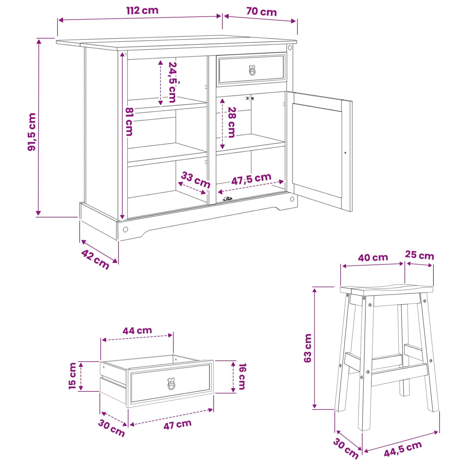 Ensemble Cuisine Îlot avec tiroir 3 pcs Cire de Miel Pin massif - XIOS