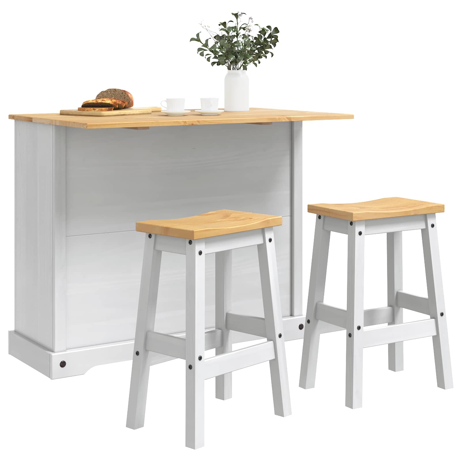 Ensemble Cuisine Îlot 3 pcs Blanc et Cire de Miel Pin massif - XIOS