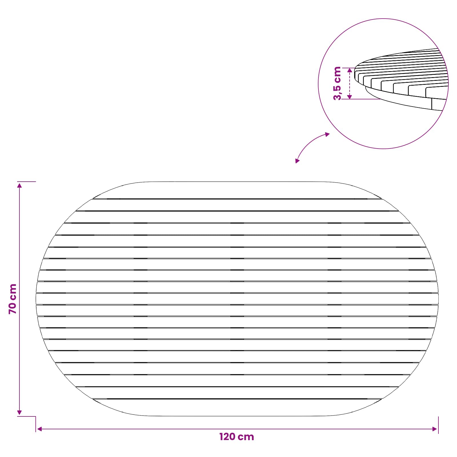 Plateau de table 120 x 70 x 3,5 cm ovale Bois de teck massif - XIOS