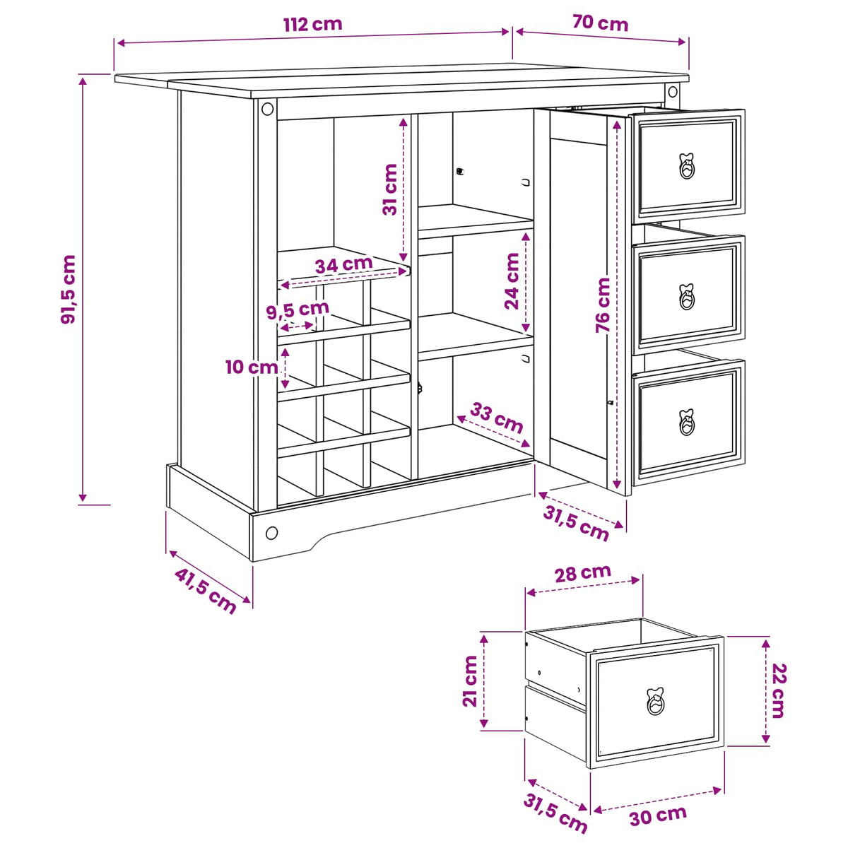 Rangement de cuisine Cire de Miel 112 x 70 x 91,5 cm Pin massif
