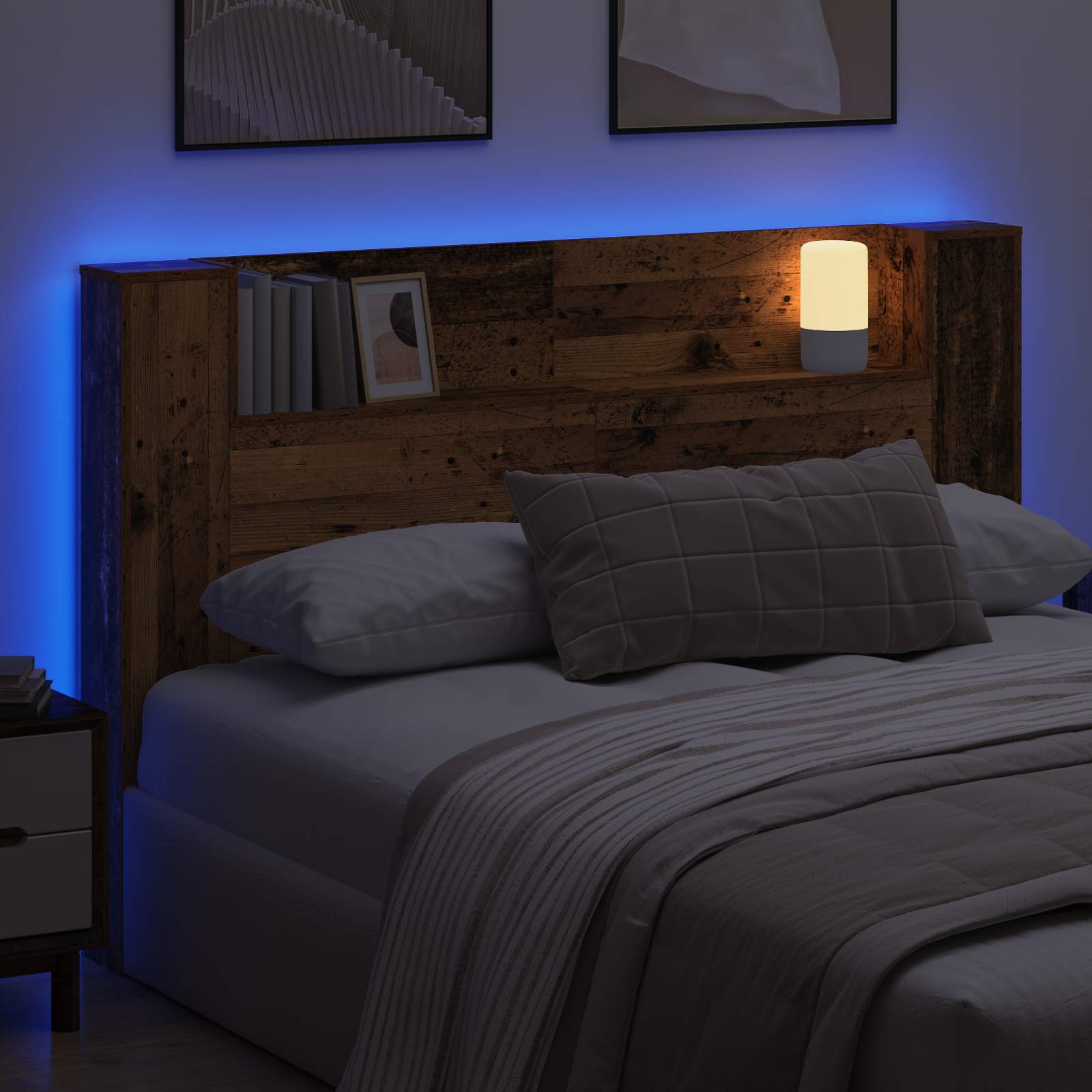 Tête de lit de rangement avec LED Bois ancien 160 cm