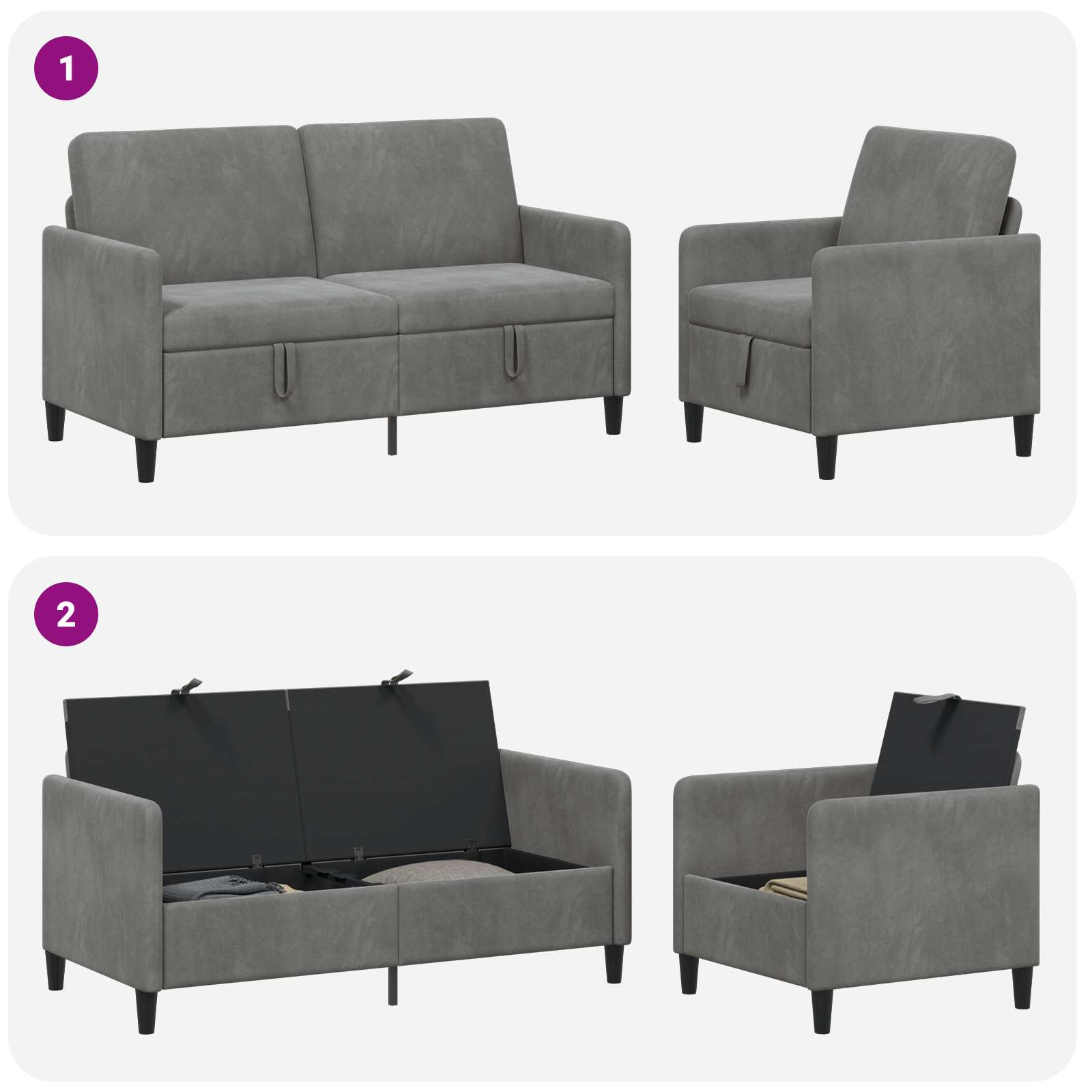 Canapé avec rangement 2 pc Gris foncé Polyester