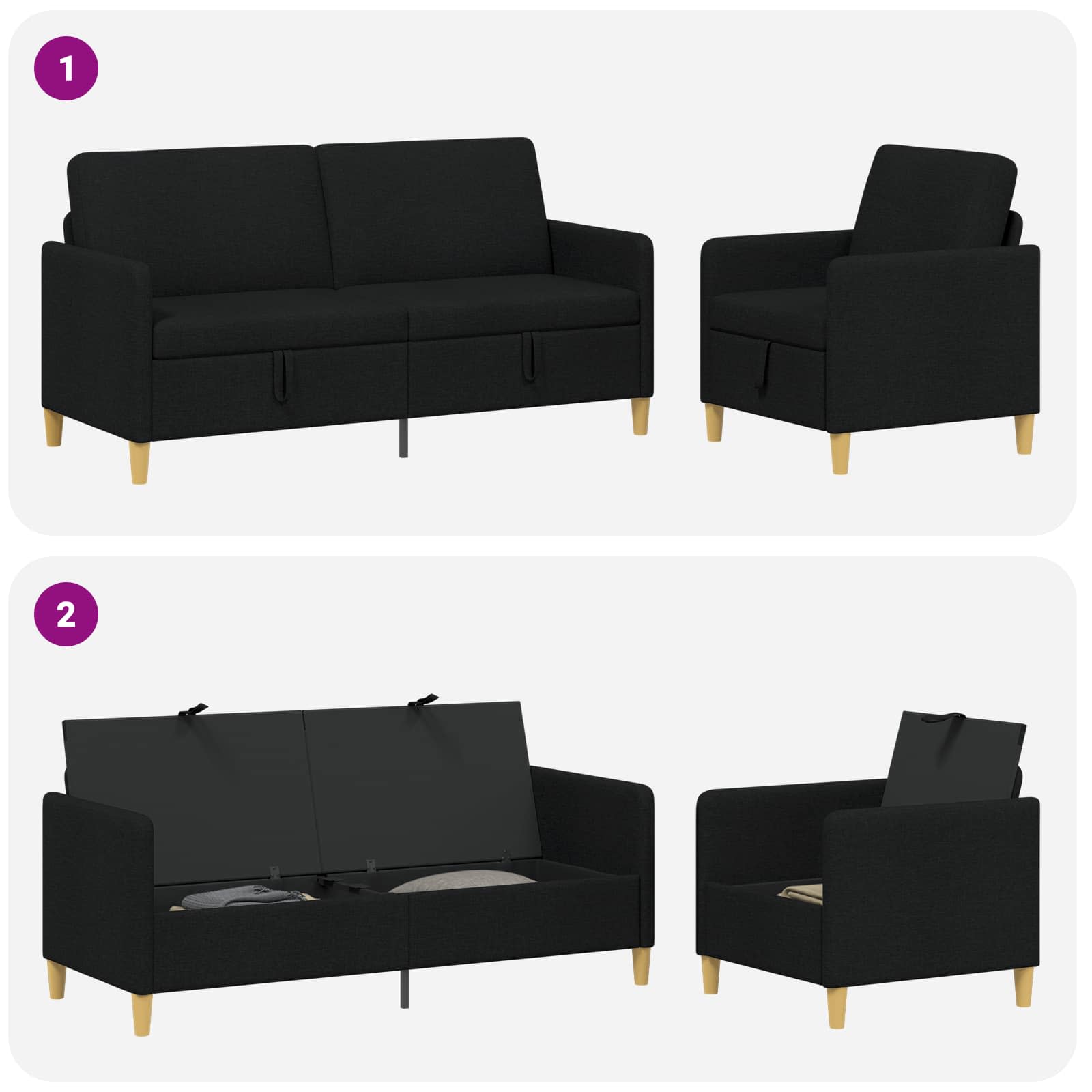 Canapé avec rangement 2 pc Noir Polyester