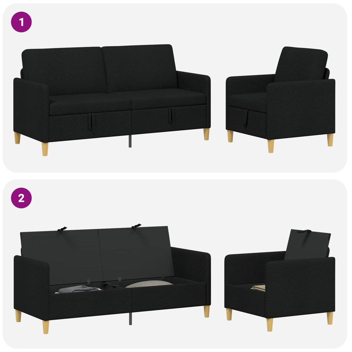 Canapé avec rangement 2 pc Noir Polyester