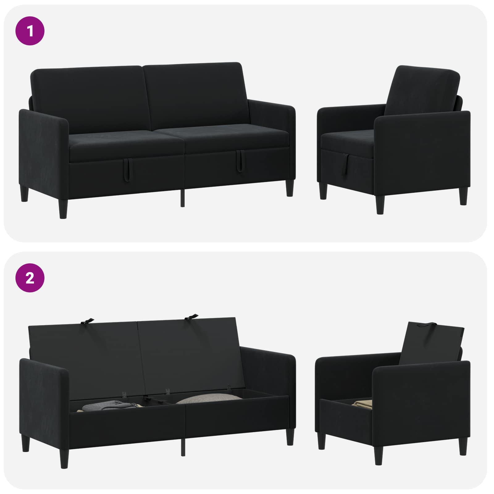 Canapé avec rangement 2 pc Noir Polyester