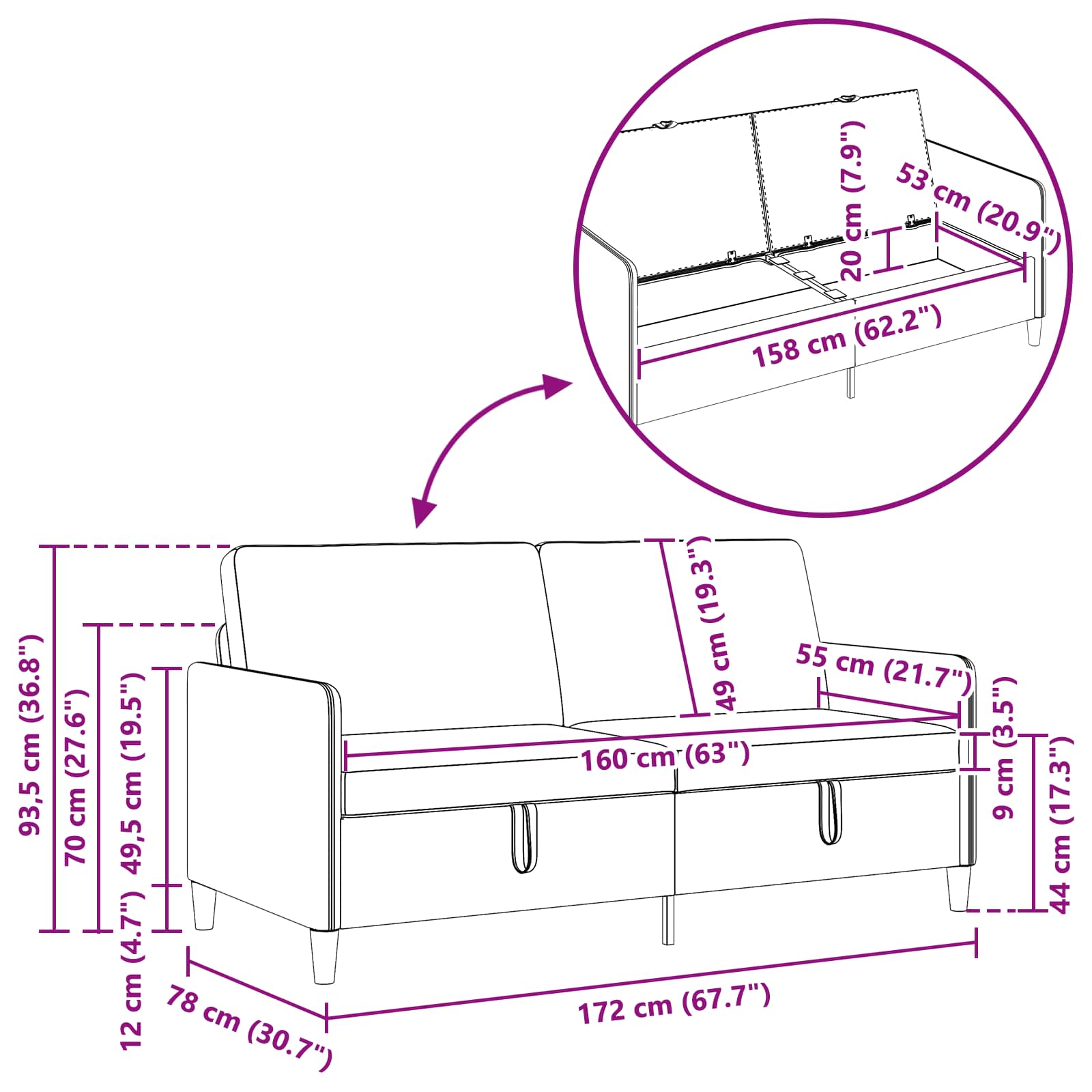 Canapé avec rangement 2 pc Noir Polyester