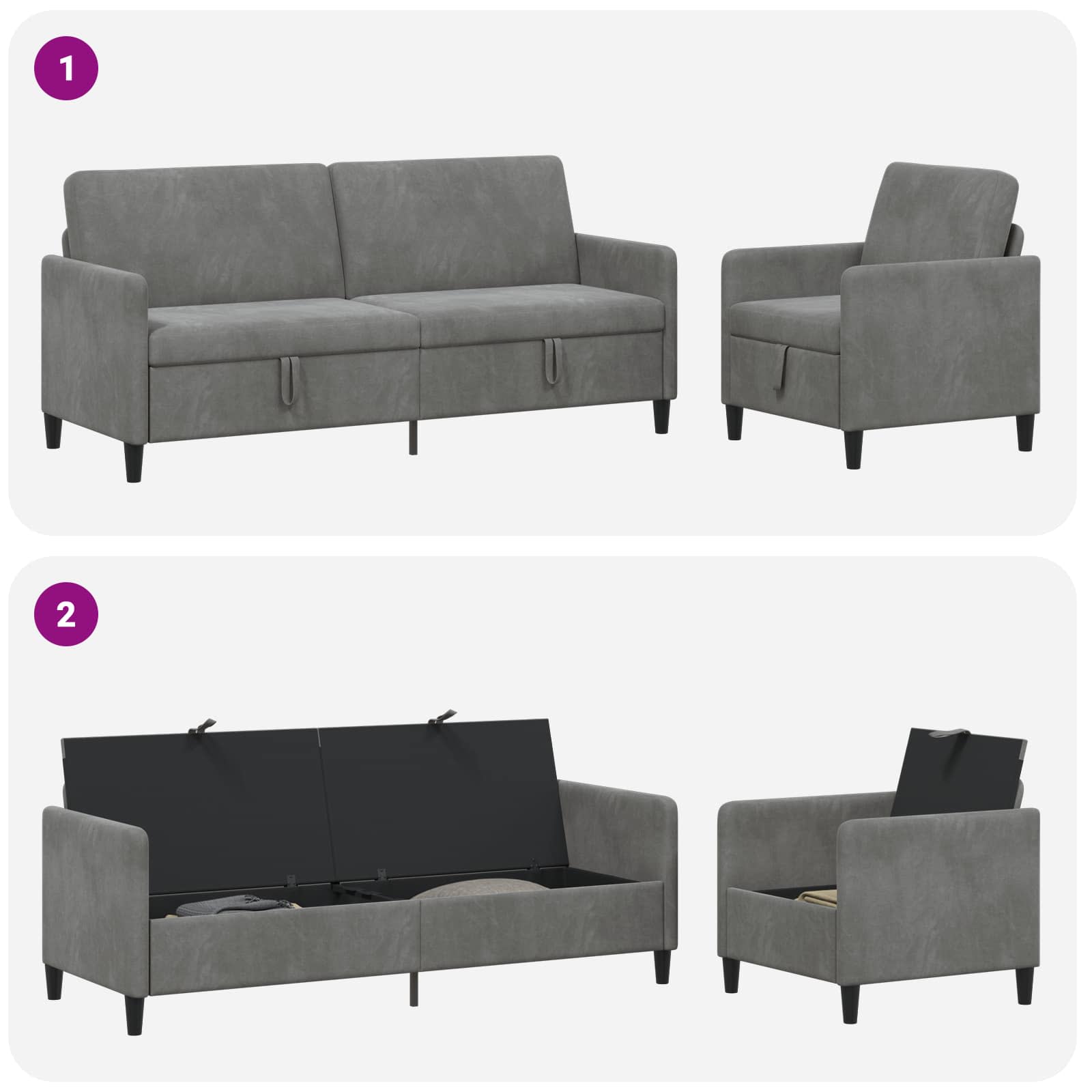 Canapé avec rangement 2 pc Gris foncé Polyester