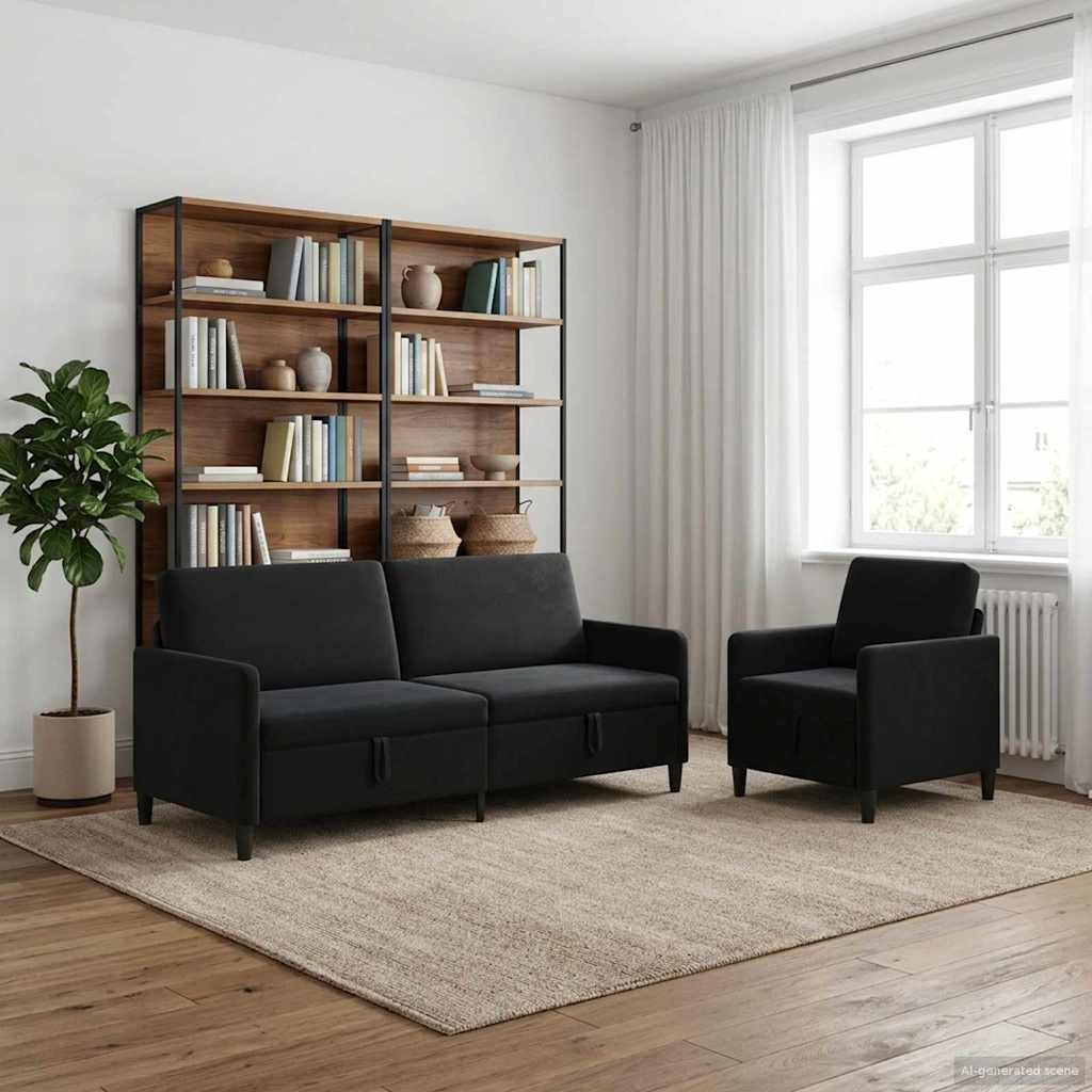 Canapé avec rangement 2 pc Noir Polyester