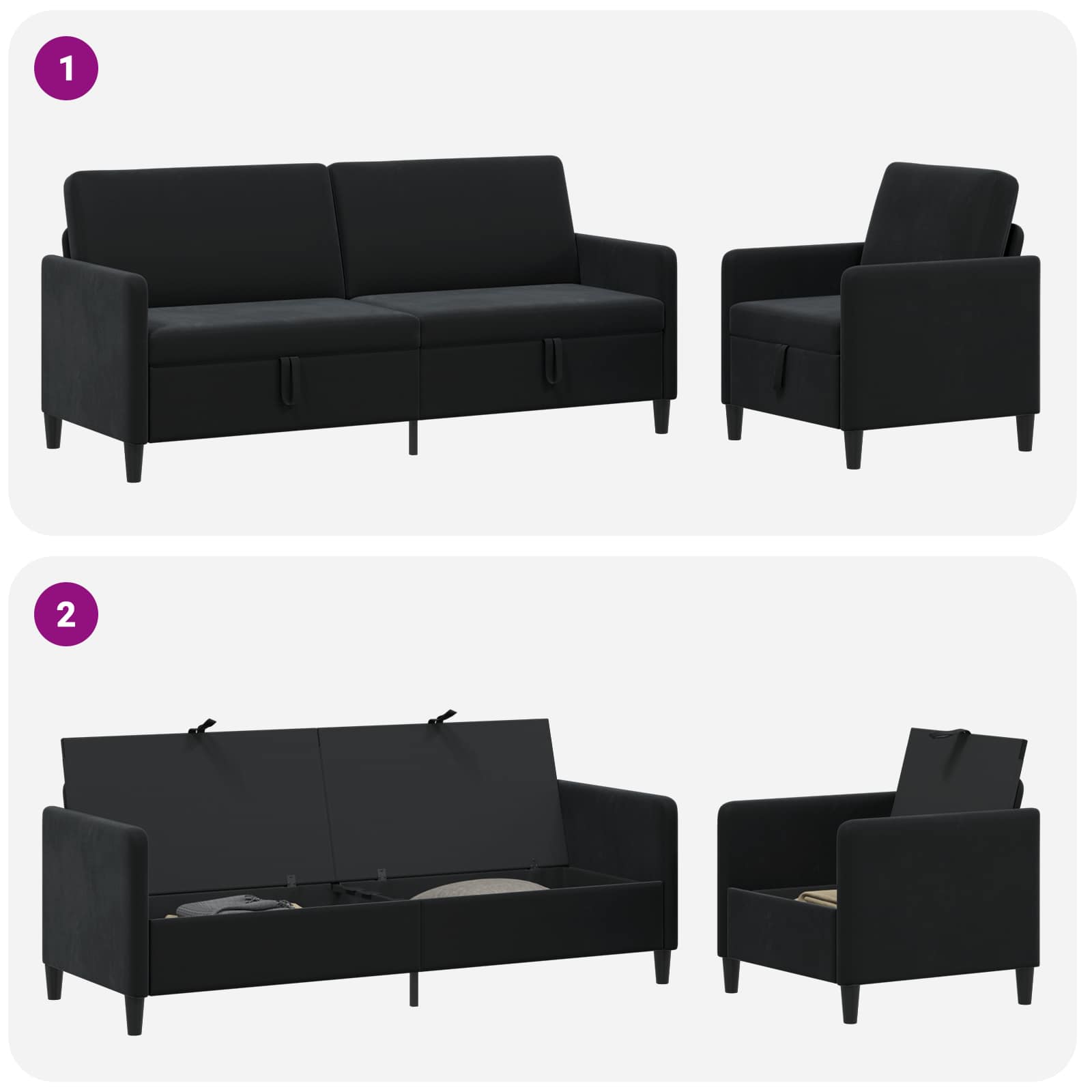 Canapé avec rangement 2 pc Noir Polyester