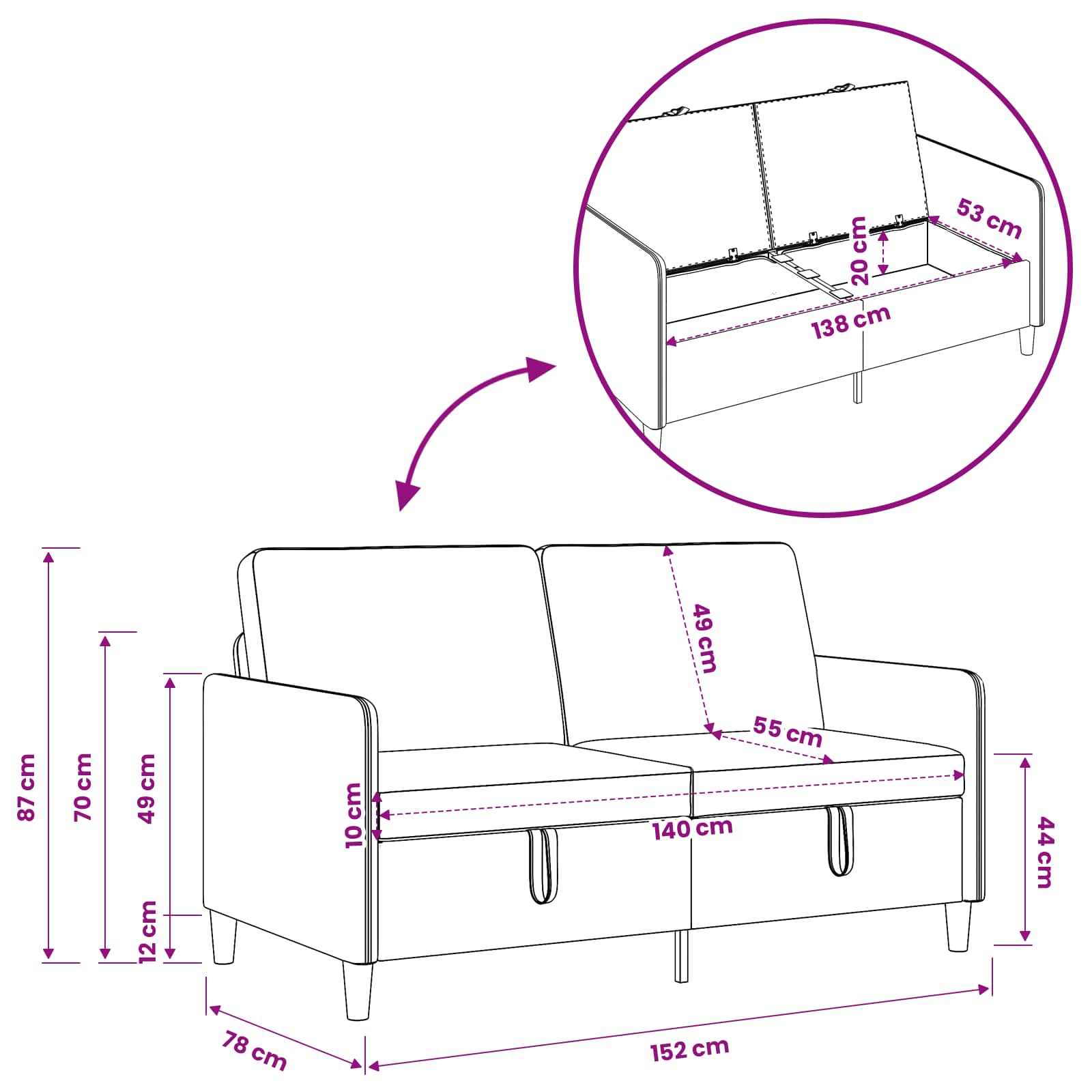 Sofa avec rangement Gris foncé 152 x 78 x 87 cm Polyester