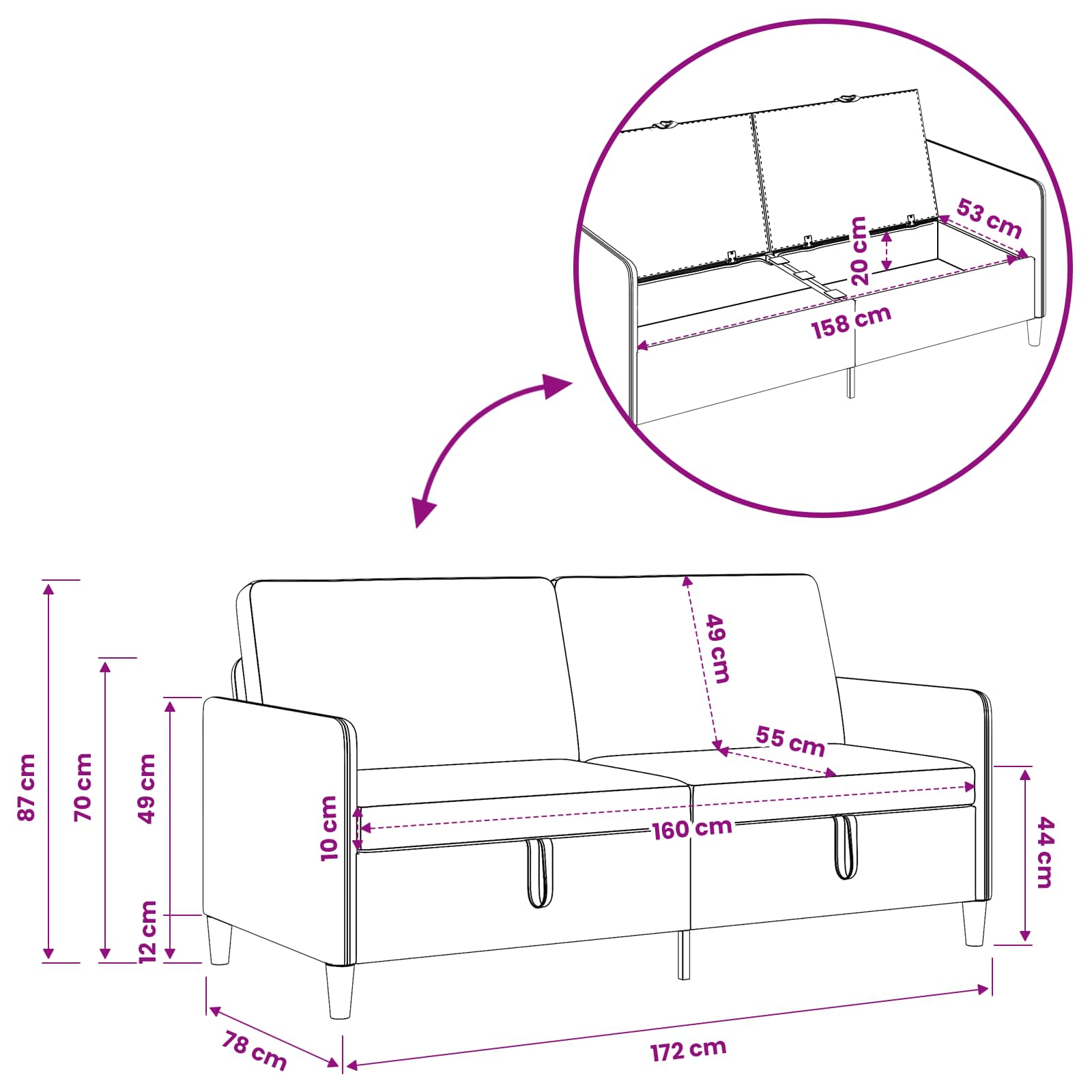 Sofa avec rangement Noir 172 x 78 x 87 cm Polyester