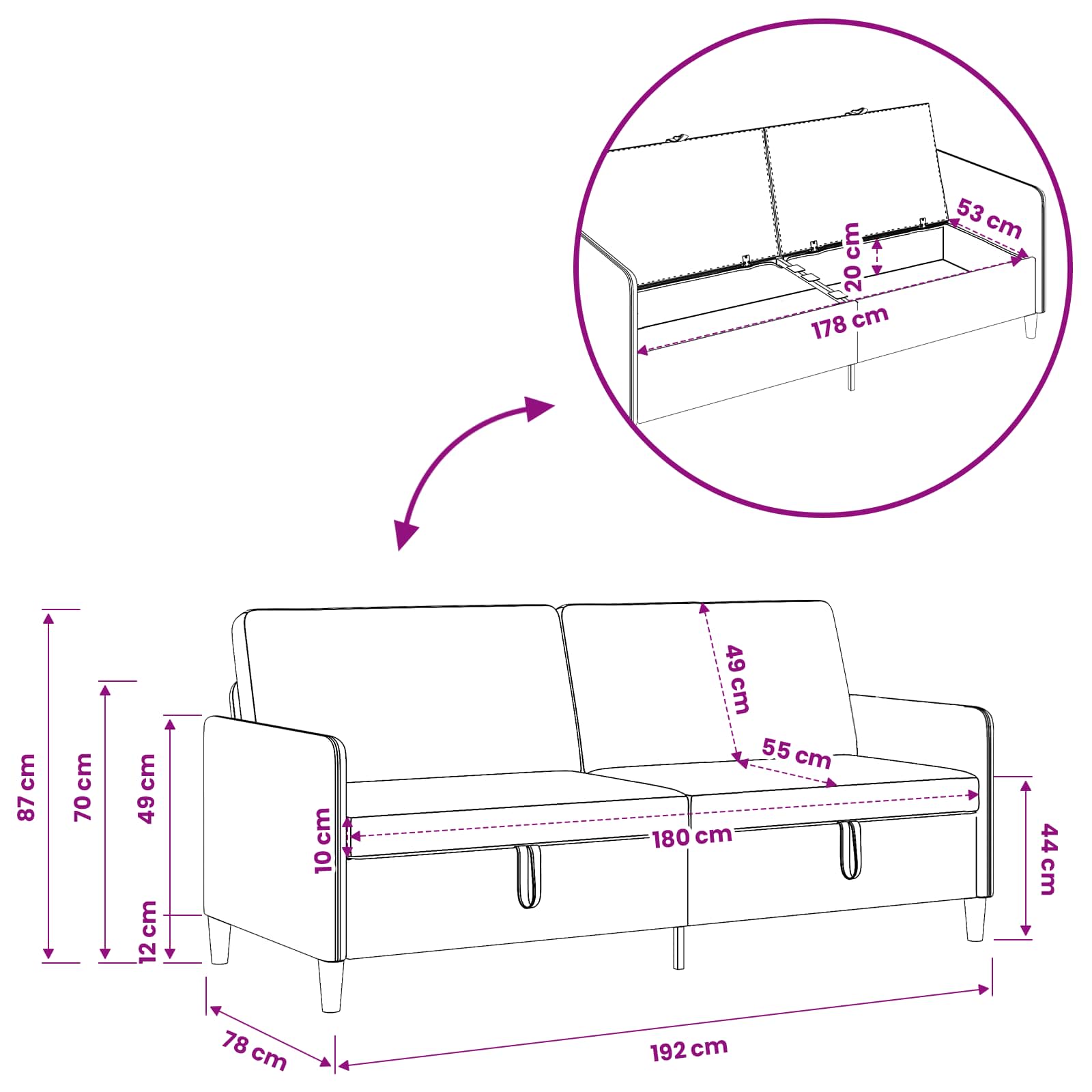 Sofa avec rangement Gris foncé 192 x 78 x 87 cm Polyester
