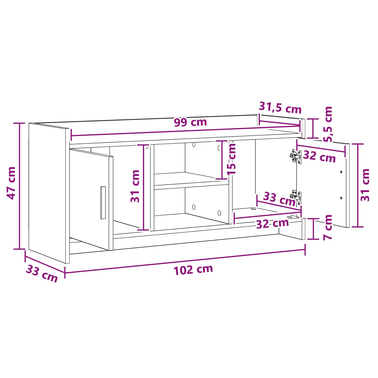 Meuble TV 102 x 33 x 47 cm Gris béton Bois d'ingénierie