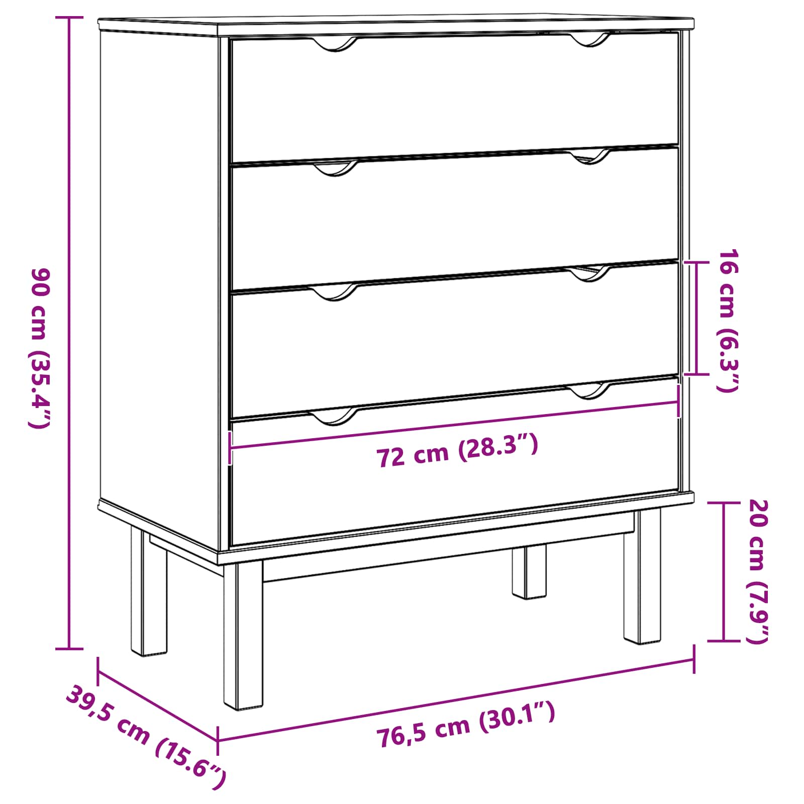 Commode OTTA Noir 76,5 x 39,5 x 90 cm Bois de pin massif - XIOS