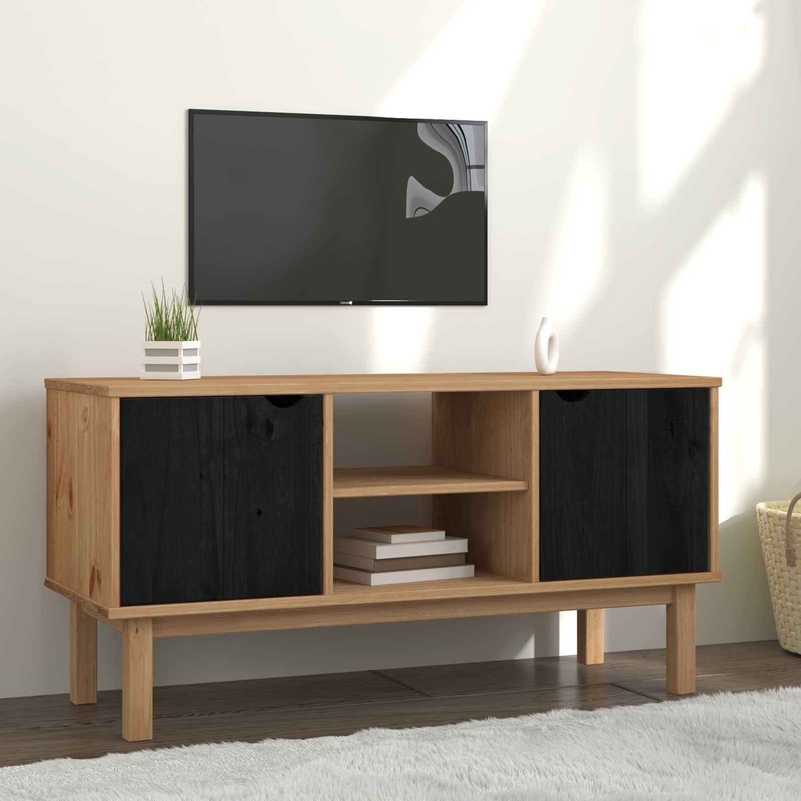 Meuble TV OTTA 113,5 x 43 x 57 cm Noir Bois de pin massif - XIOS