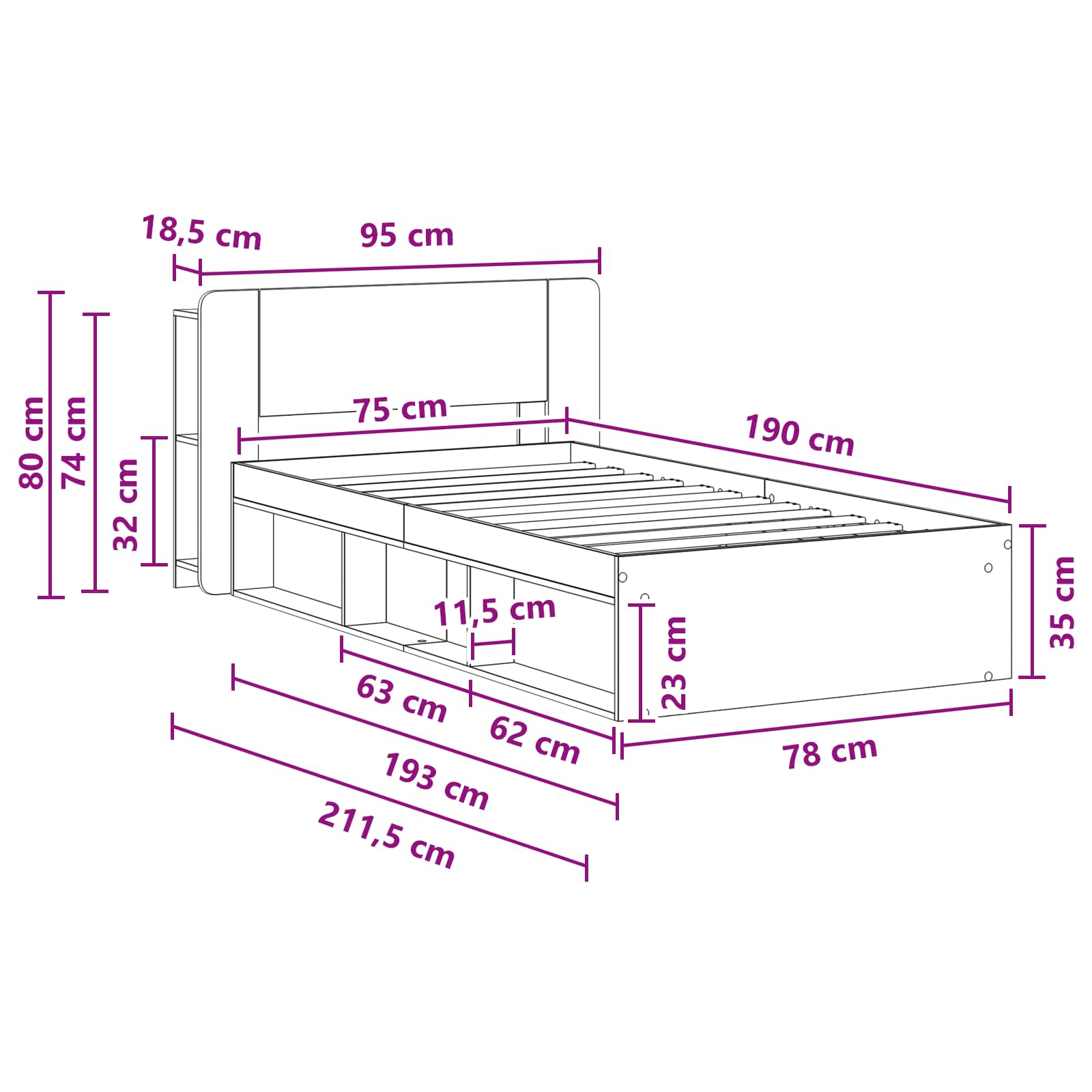 Cadre de lit avec rangement Bois ancien 75 x 190 cm