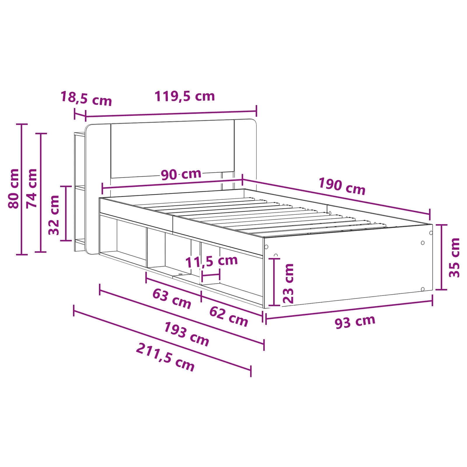 Cadre de lit avec rangement Chêne Sonoma 90 x 190 cm