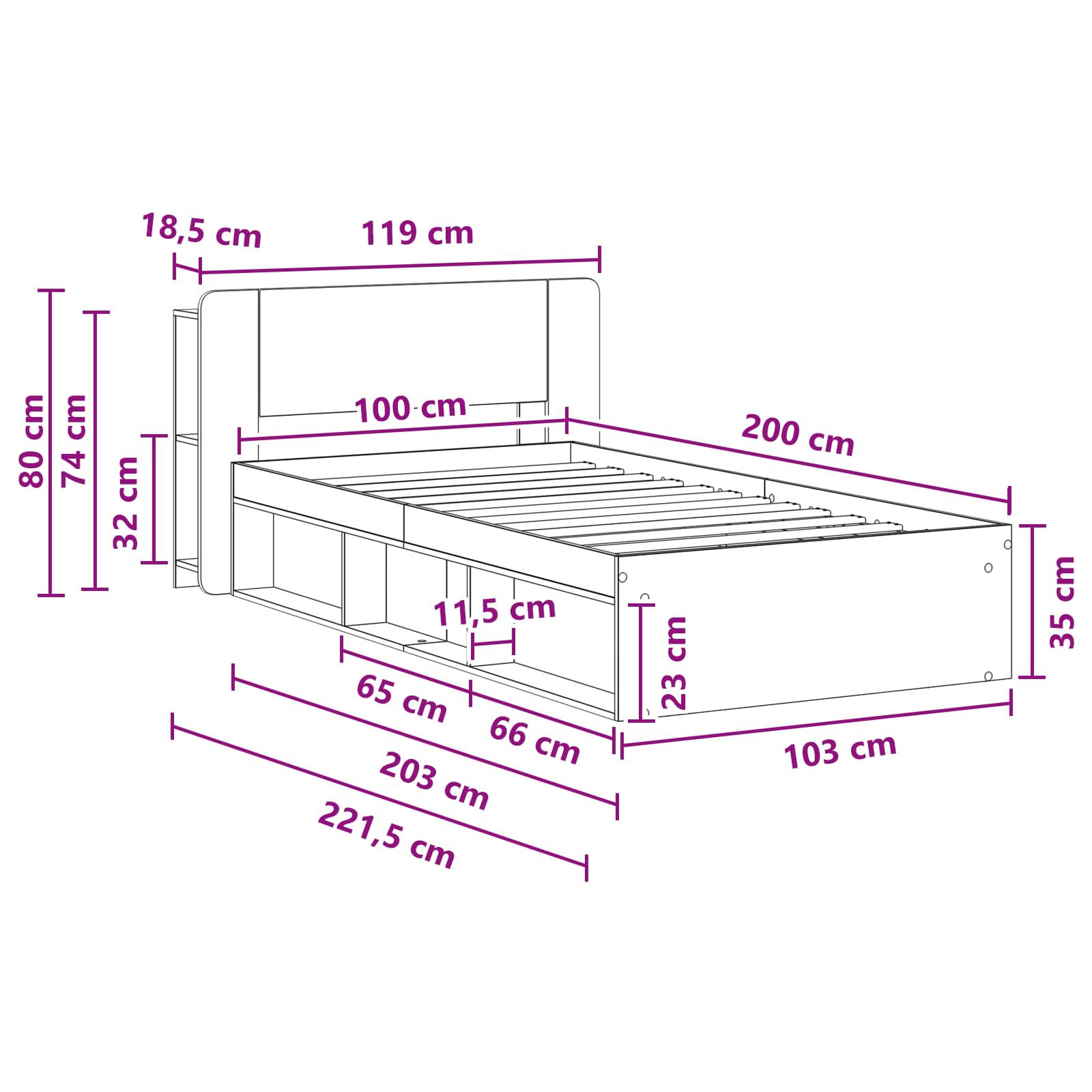 Cadre de lit avec rangement Chêne fumé 100 x 200 cm - XIOS