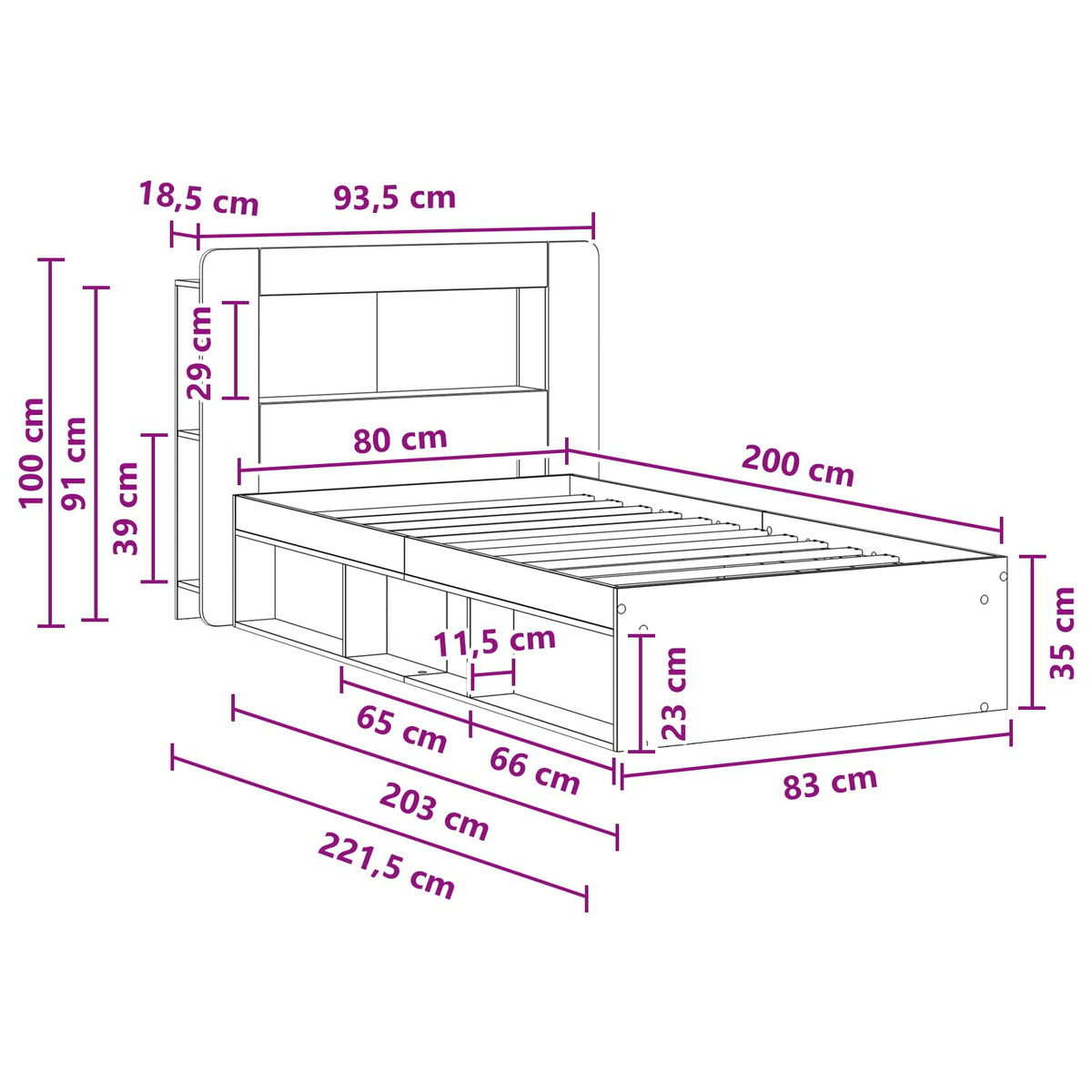 Cadre de lit avec rangement Bois ancien 80 x 200 cm
