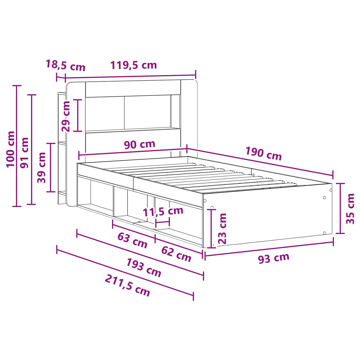 Cadre de lit avec rangement Chêne Sonoma 90 x 190 cm