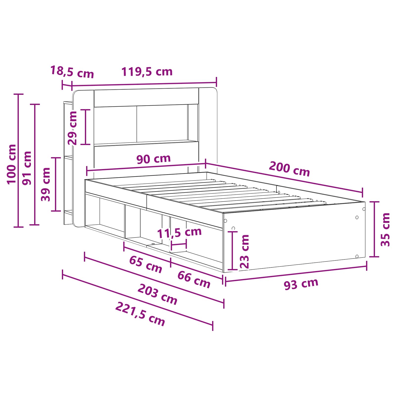 Cadre de lit avec rangement Bois ancien 90 x 200 cm - XIOS
