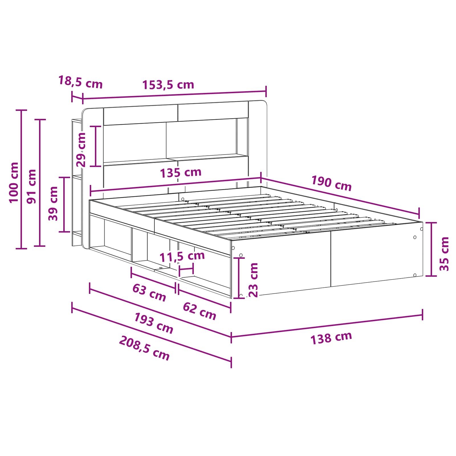 Cadre de lit avec rangement Bois ancien 135 x 190 cm - XIOS