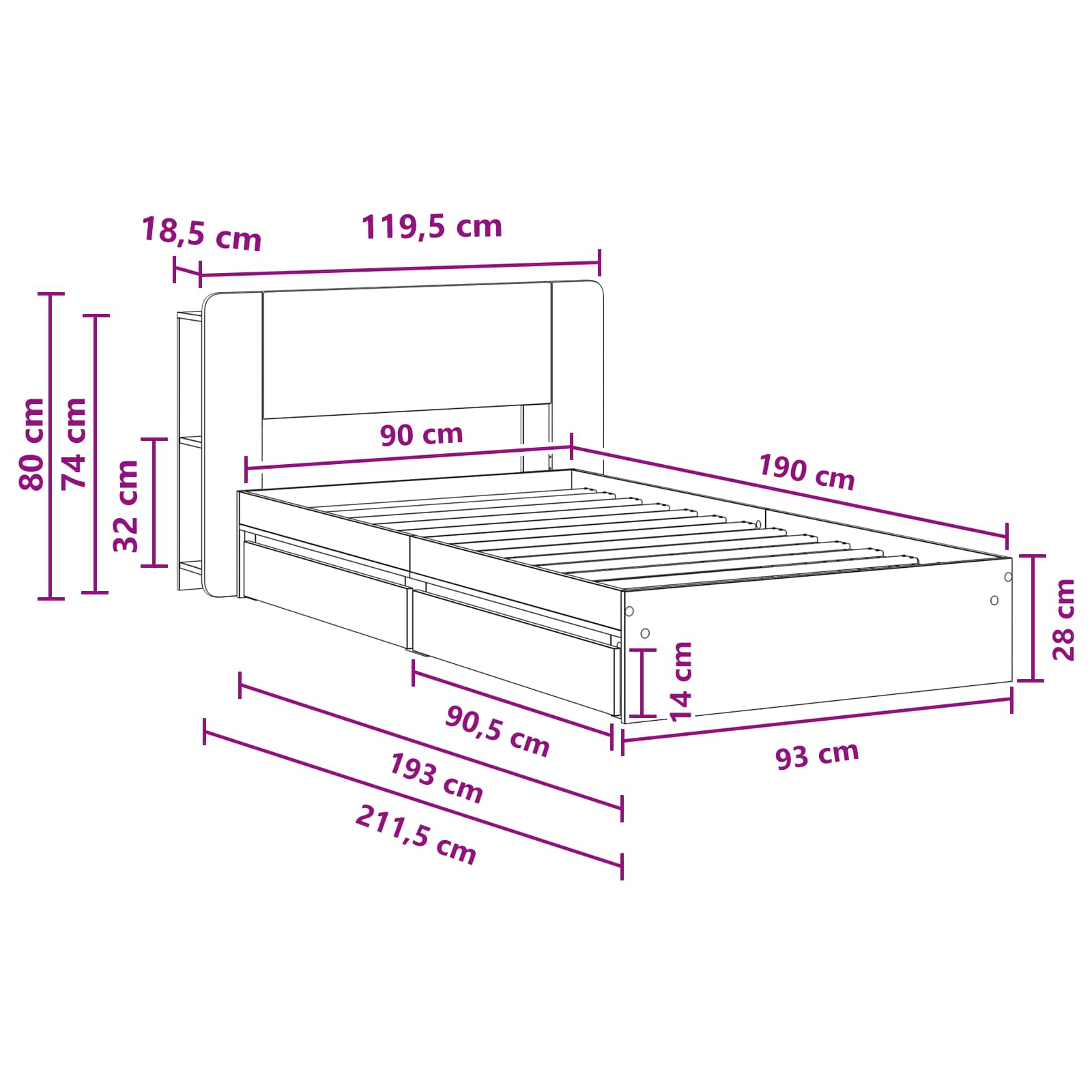 Cadre de lit avec rangement Chêne Sonoma 90 x 190 cm - XIOS