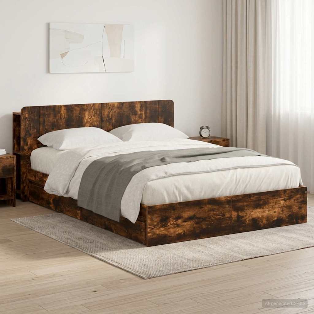 Cadre de lit avec rangement avec tiroir Chêne fumé 135 x 190 cm - XIOS