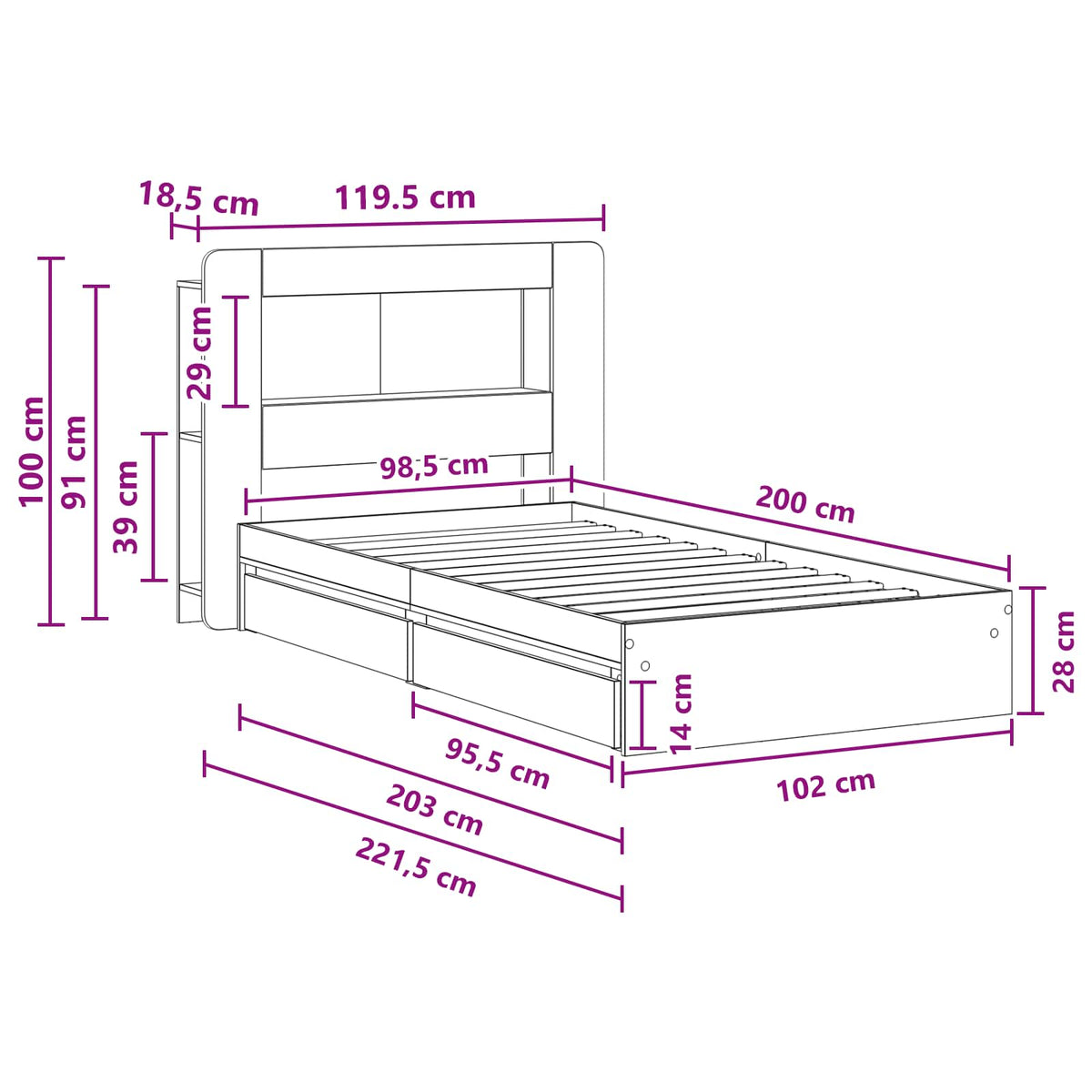 Cadre de lit avec rangement Chêne Sonoma 100 x 200 cm