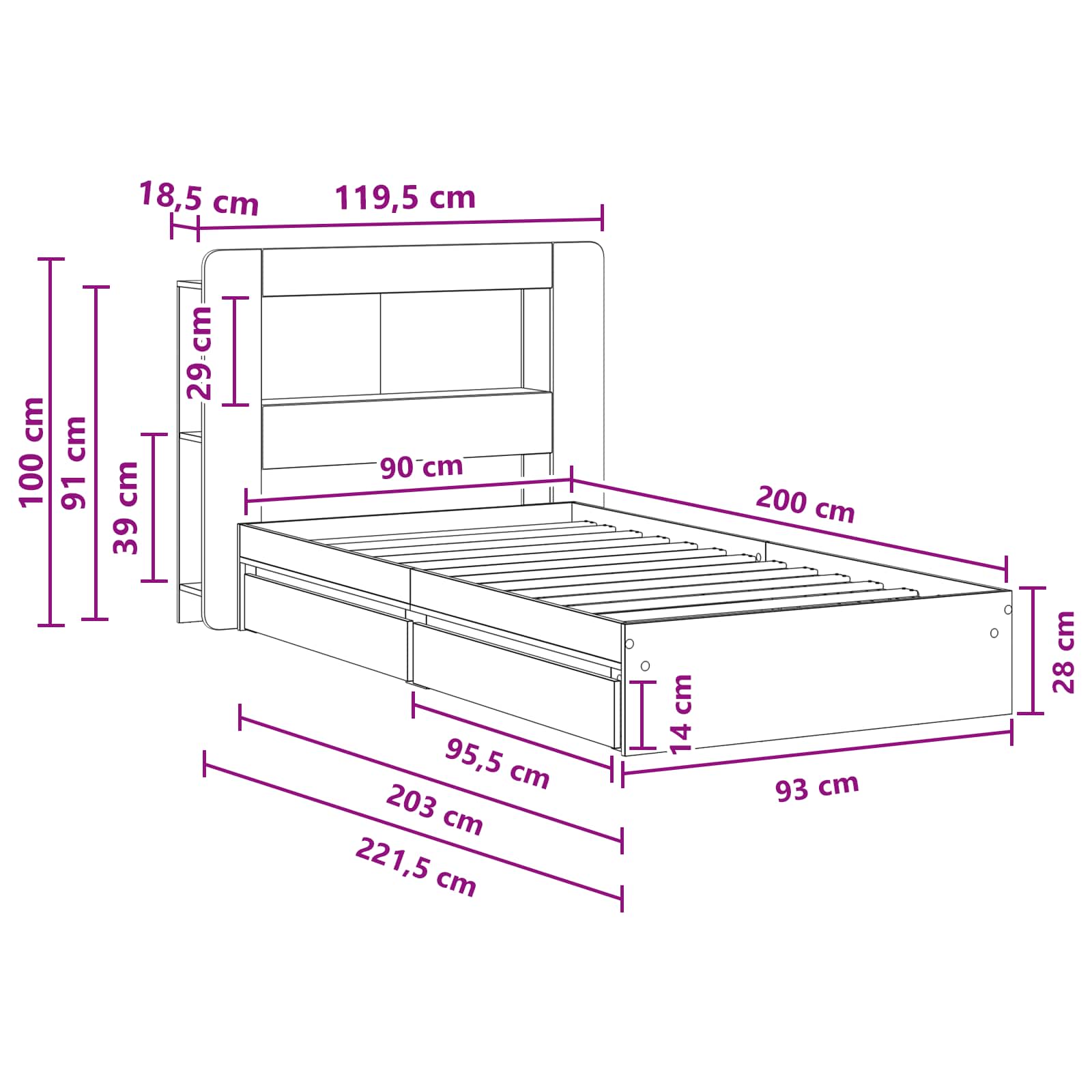 Cadre de lit avec rangement Chêne Sonoma 90 x 200 cm - XIOS