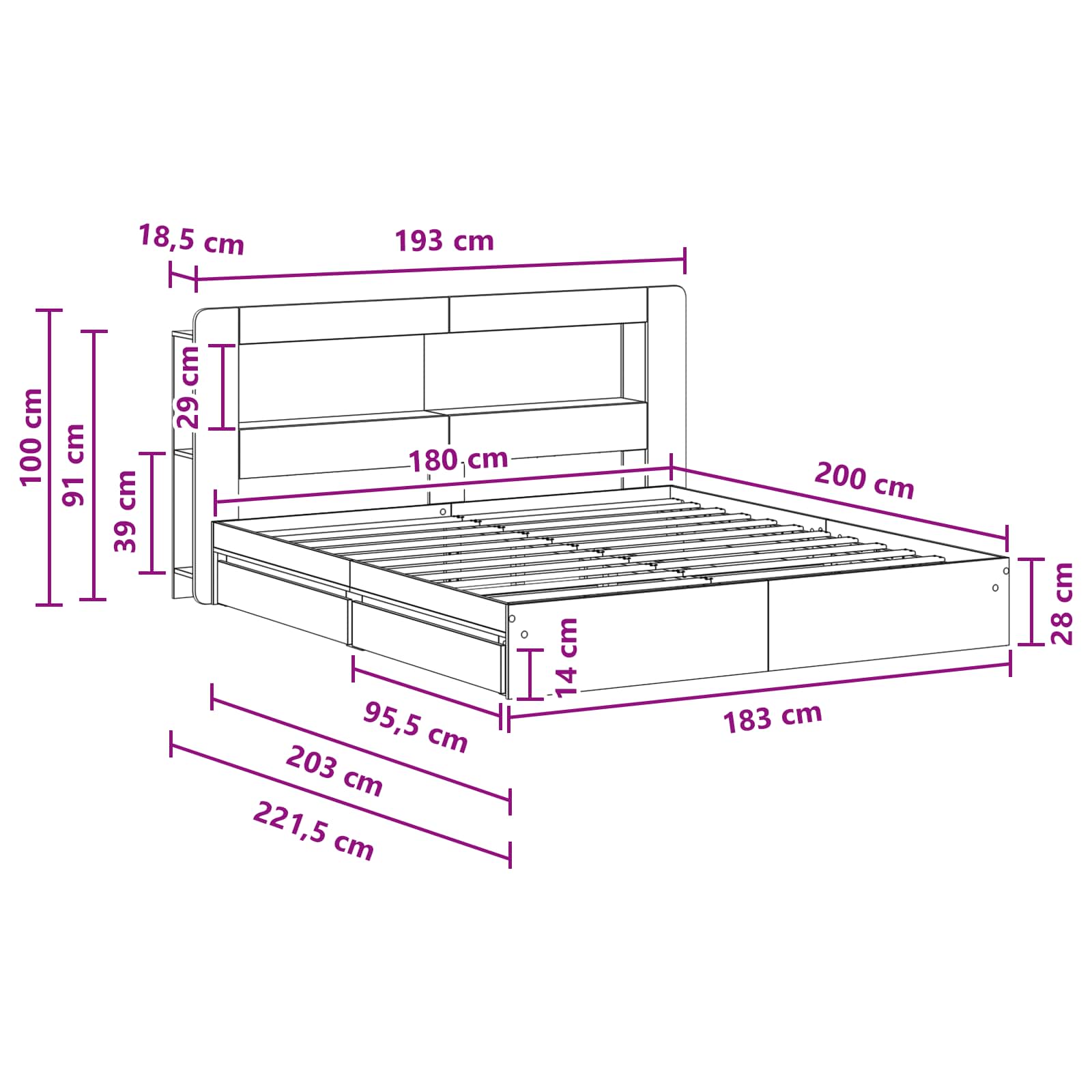 Cadre de lit avec rangement Sonoma gris 180 x 200 cm