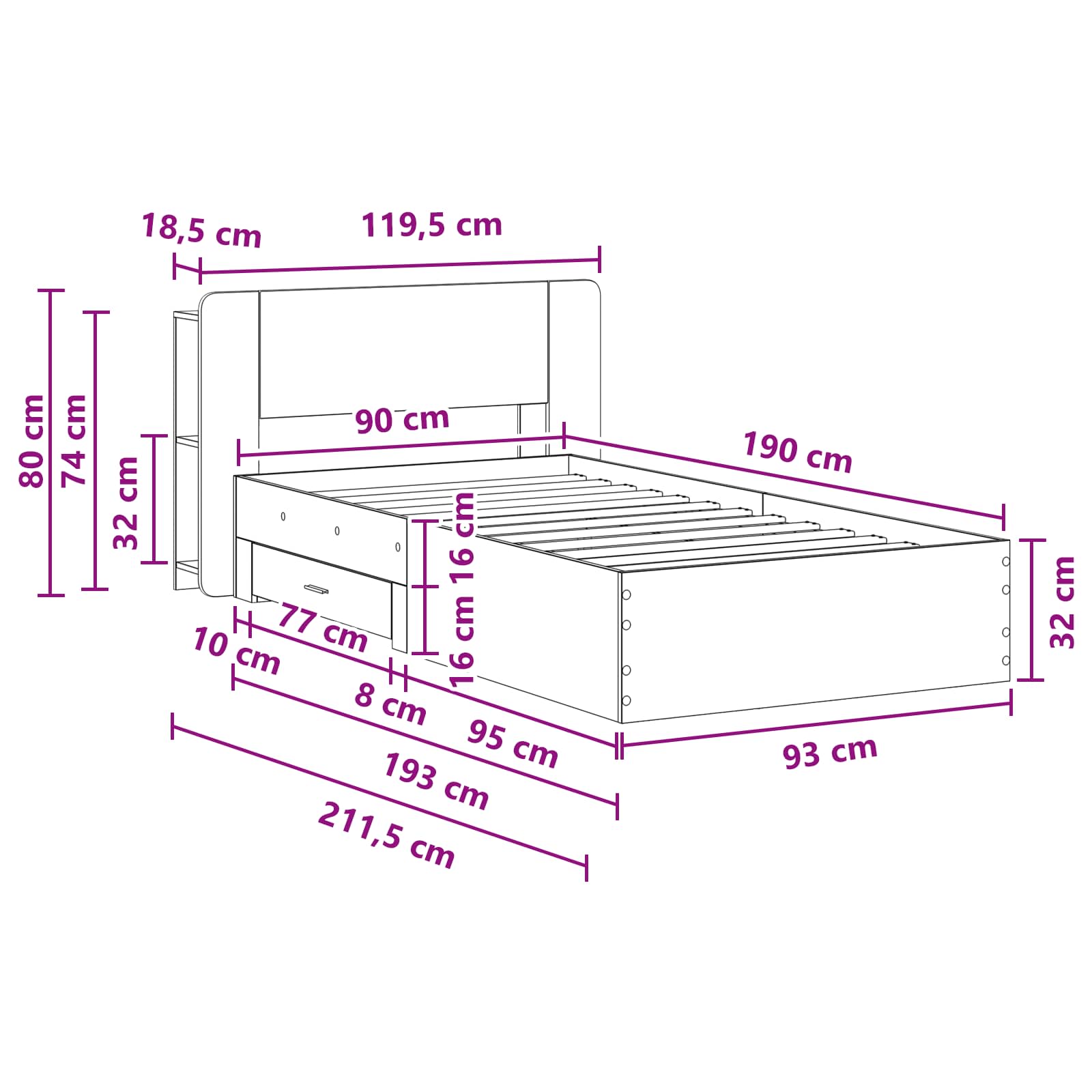 Cadre de lit avec rangement Chêne Sonoma 90 x 190 cm - XIOS