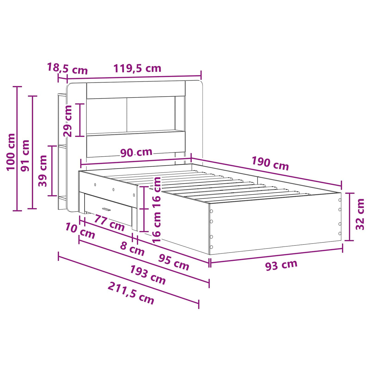 Cadre de lit avec rangement Sonoma gris 90 x 190 cm