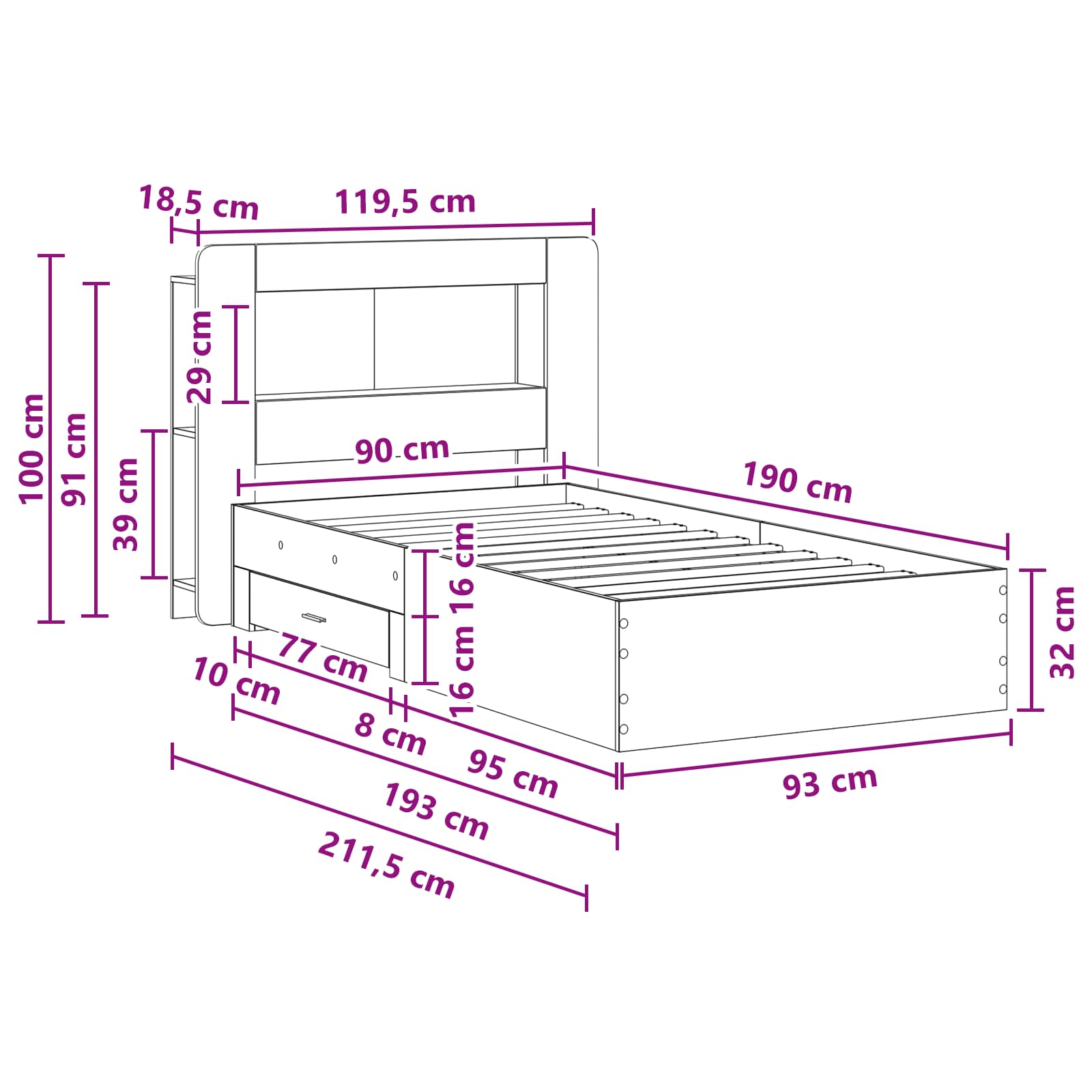 Cadre de lit avec rangement Chêne Sonoma 90 x 190 cm - XIOS