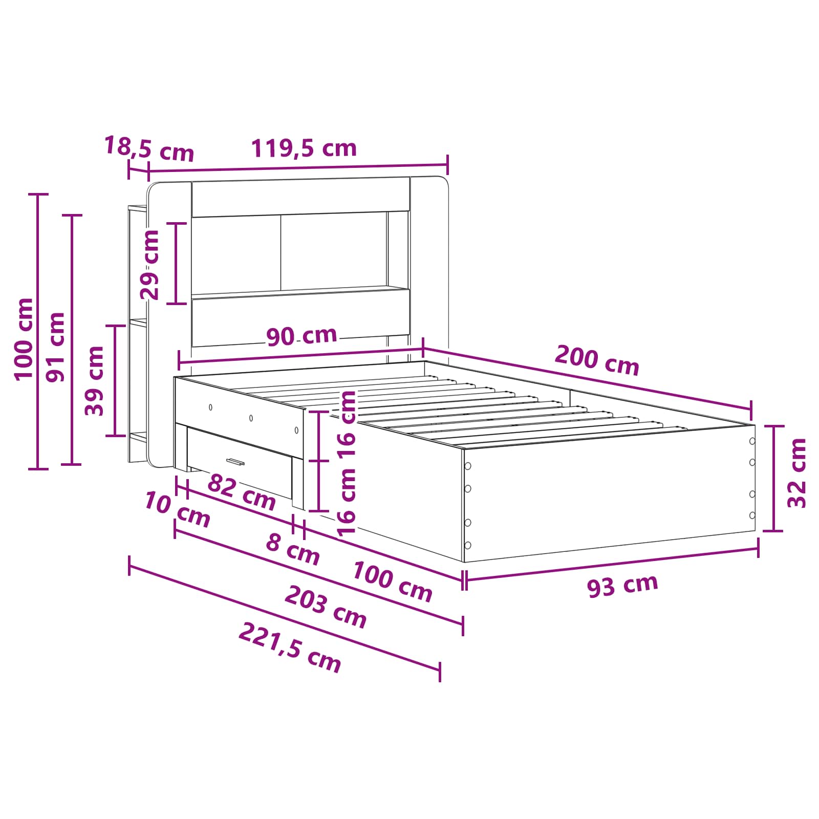 Cadre de lit avec rangement Sonoma gris 90 x 200 cm
