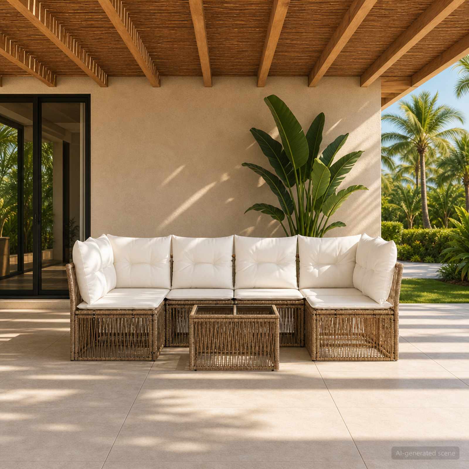 Ensemble de canapé de jardin 7 pc Beige polyrotin