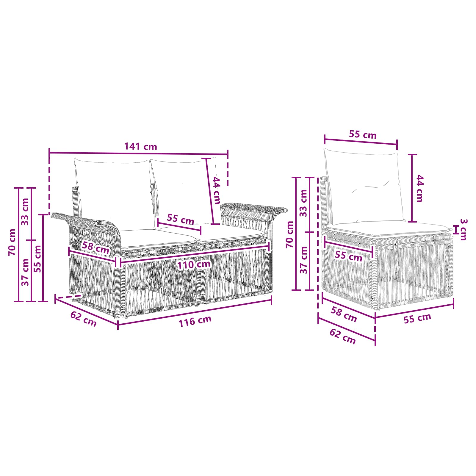 Ensemble de canapé de jardin 3 pcs Noir polyrotin - XIOS