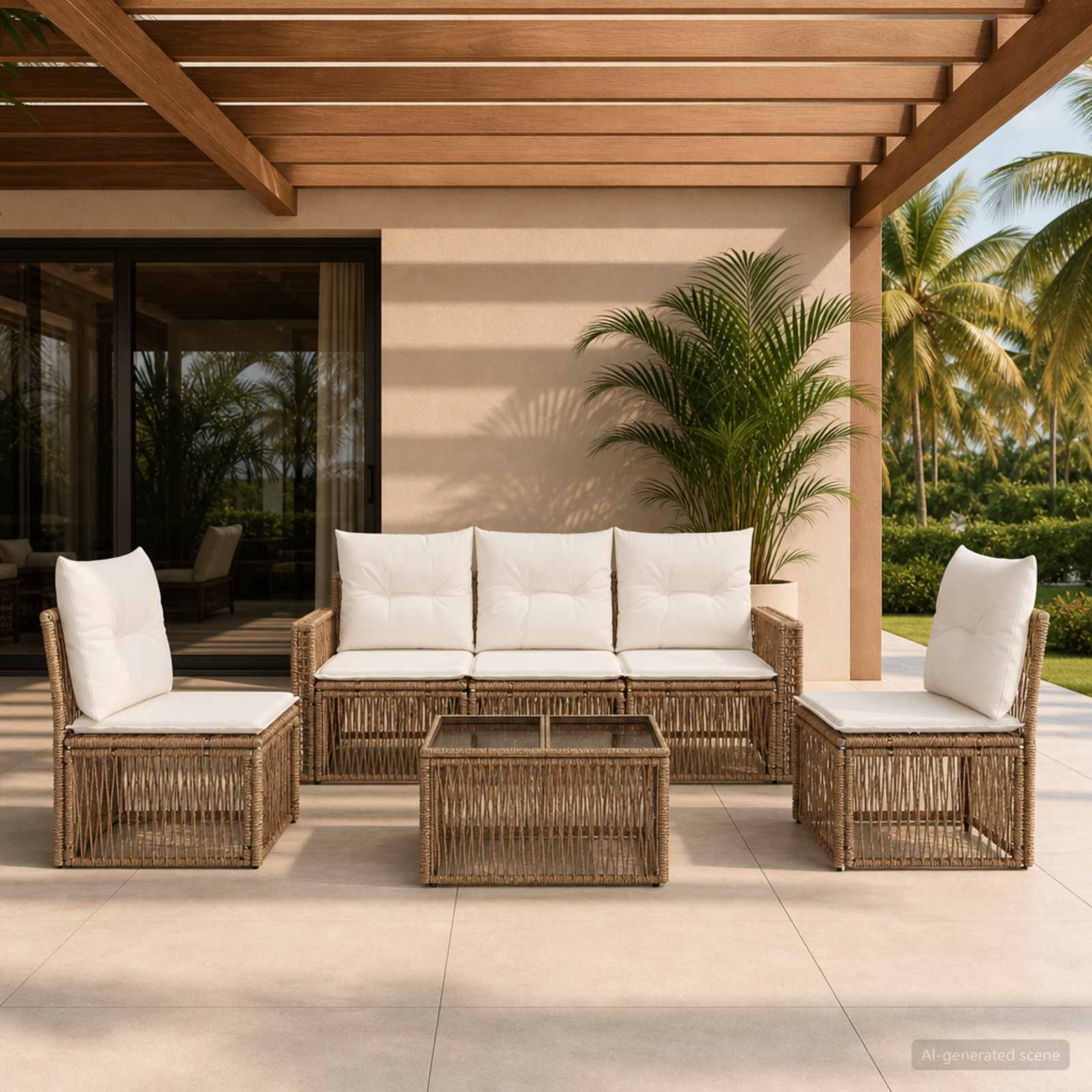 Ensemble de canapé de jardin 6 pc Beige et blanc crème