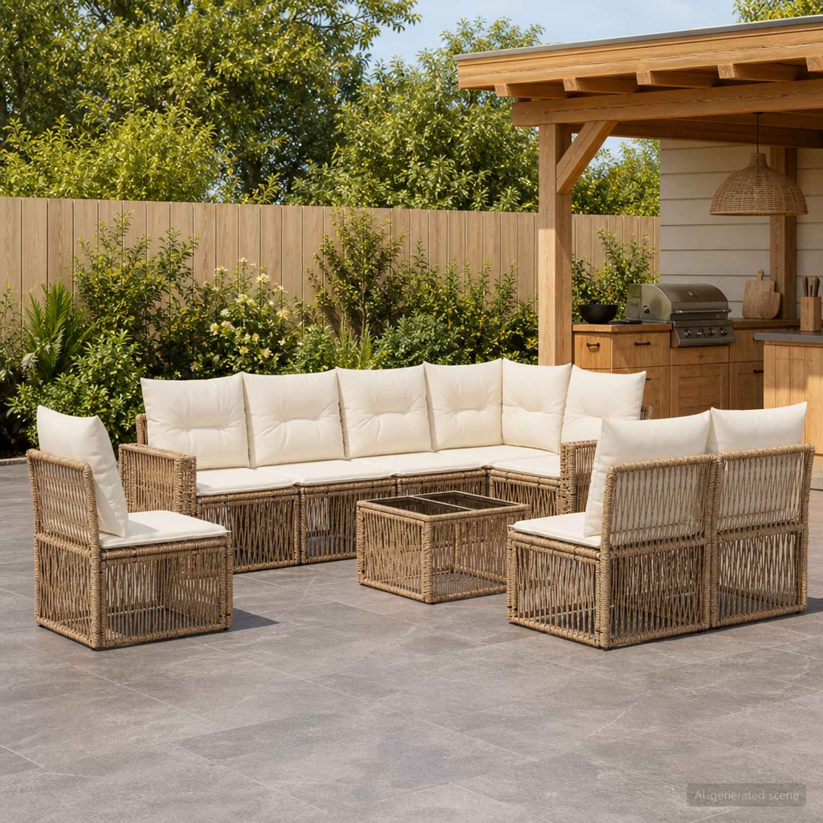 Ensemble de canapé de jardin 9 pc Beige et blanc crème