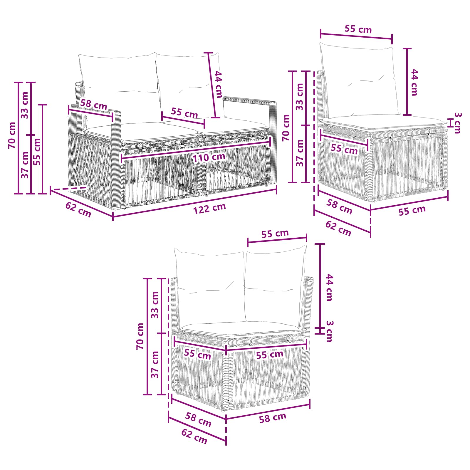 Ensemble de canapé de jardin 12 pcs Noir polyrotin - XIOS