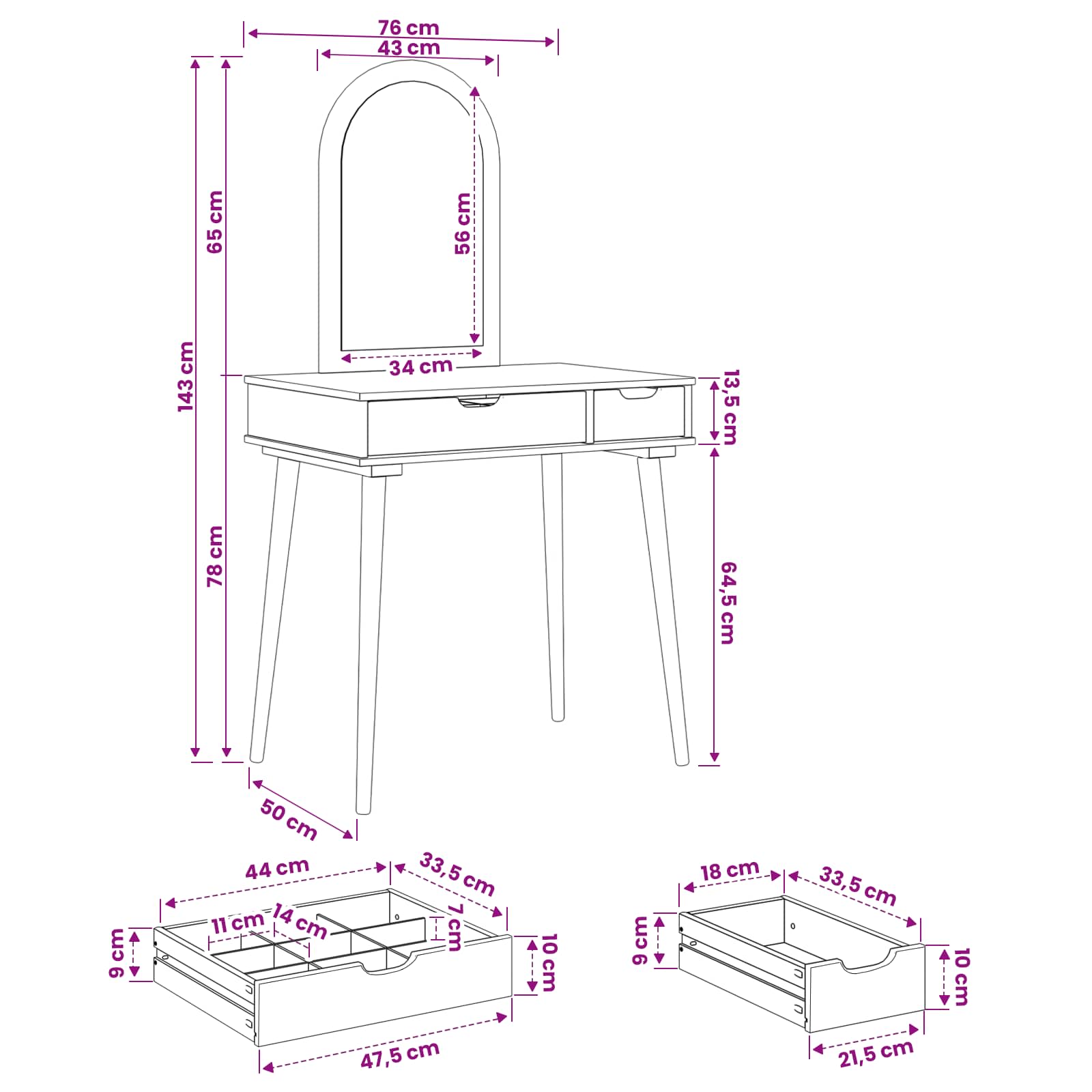 Ensemble de Coiffeuse FAUSKE 2 pcs Blanc 76 x 50 x 143 cm