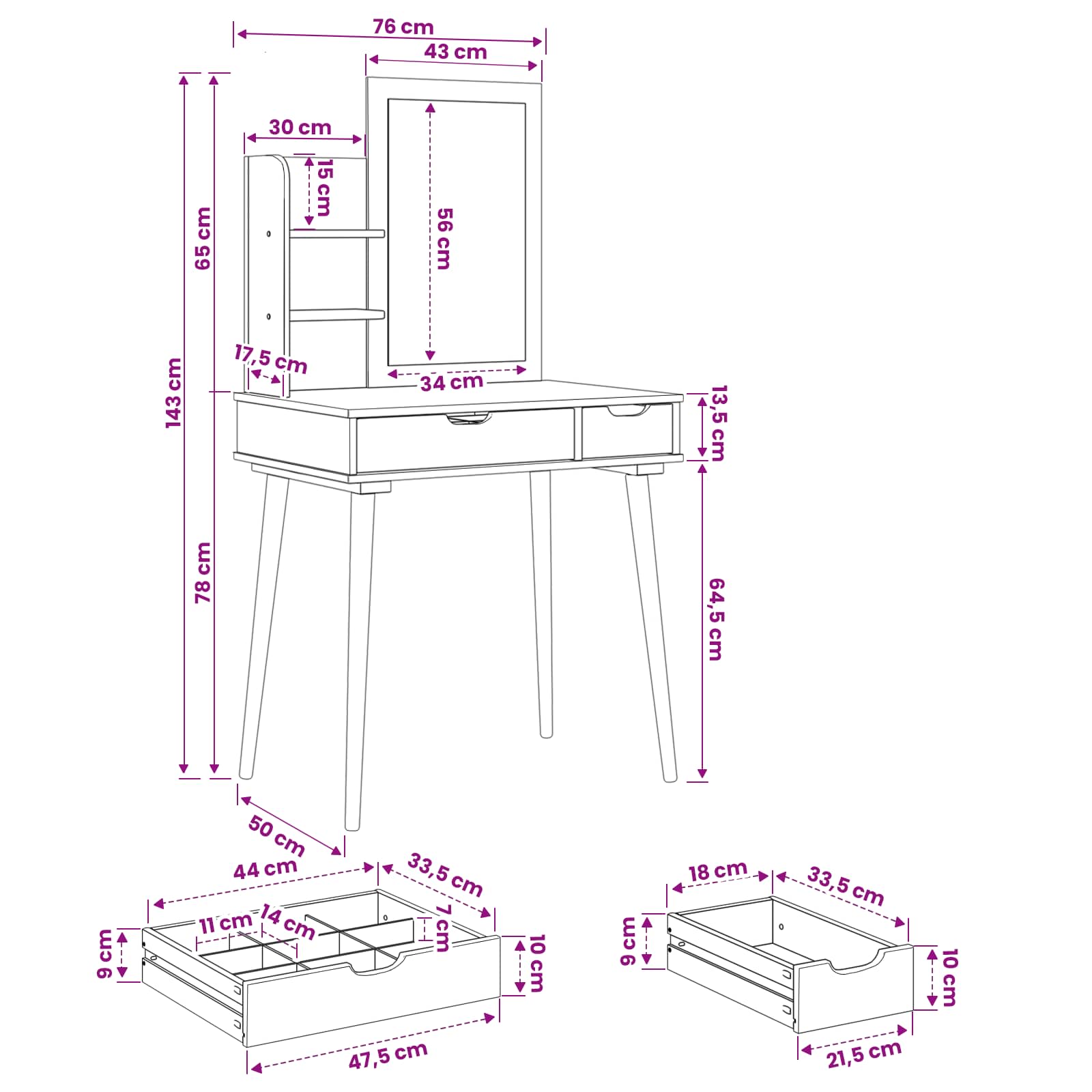 Ensemble de Coiffeuse FAUSKE 3 pcs Blanc 76 x 50 x 143 cm