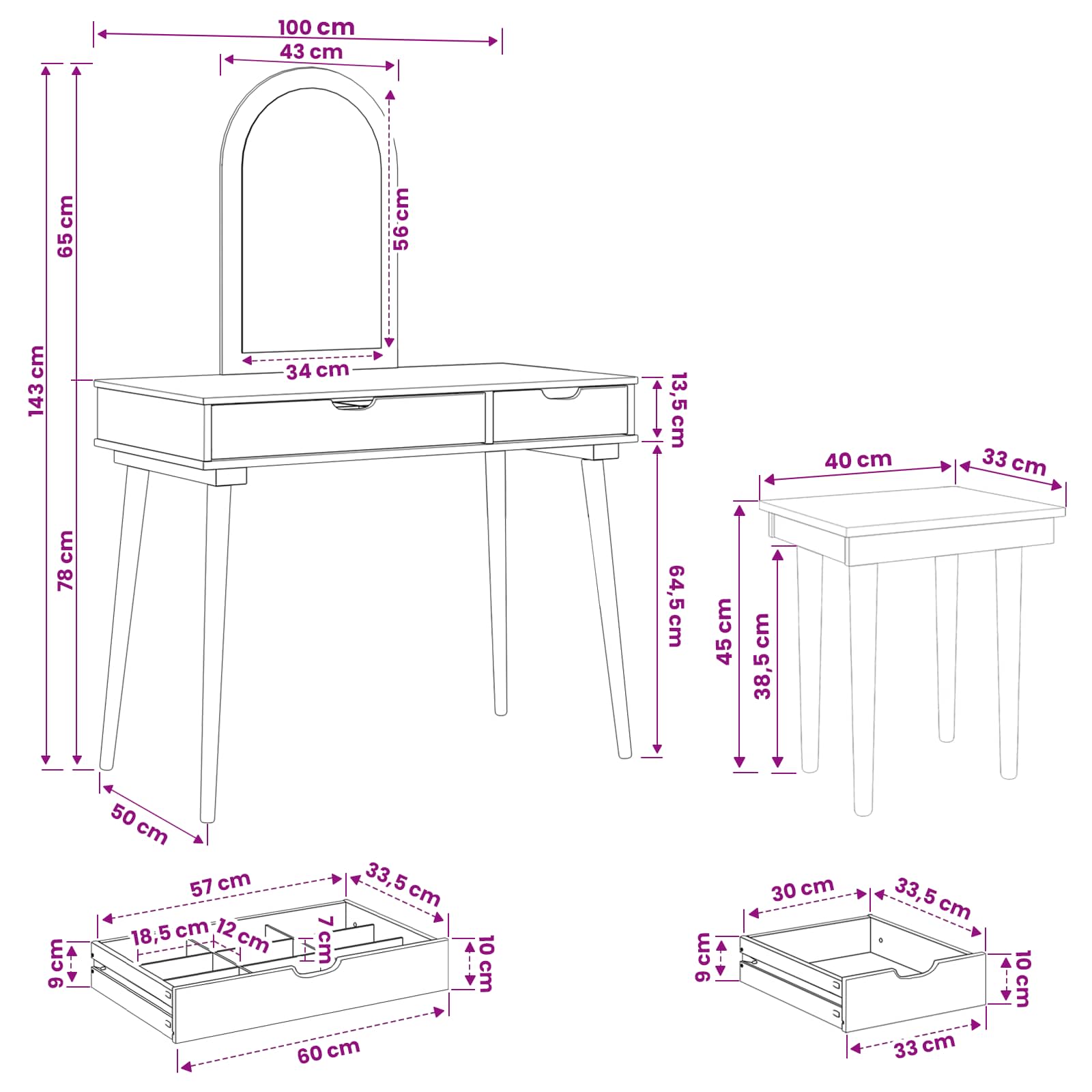 Ensemble de Coiffeuse FAUSKE 3 pcs Blanc 100 x 50 x 143 cm