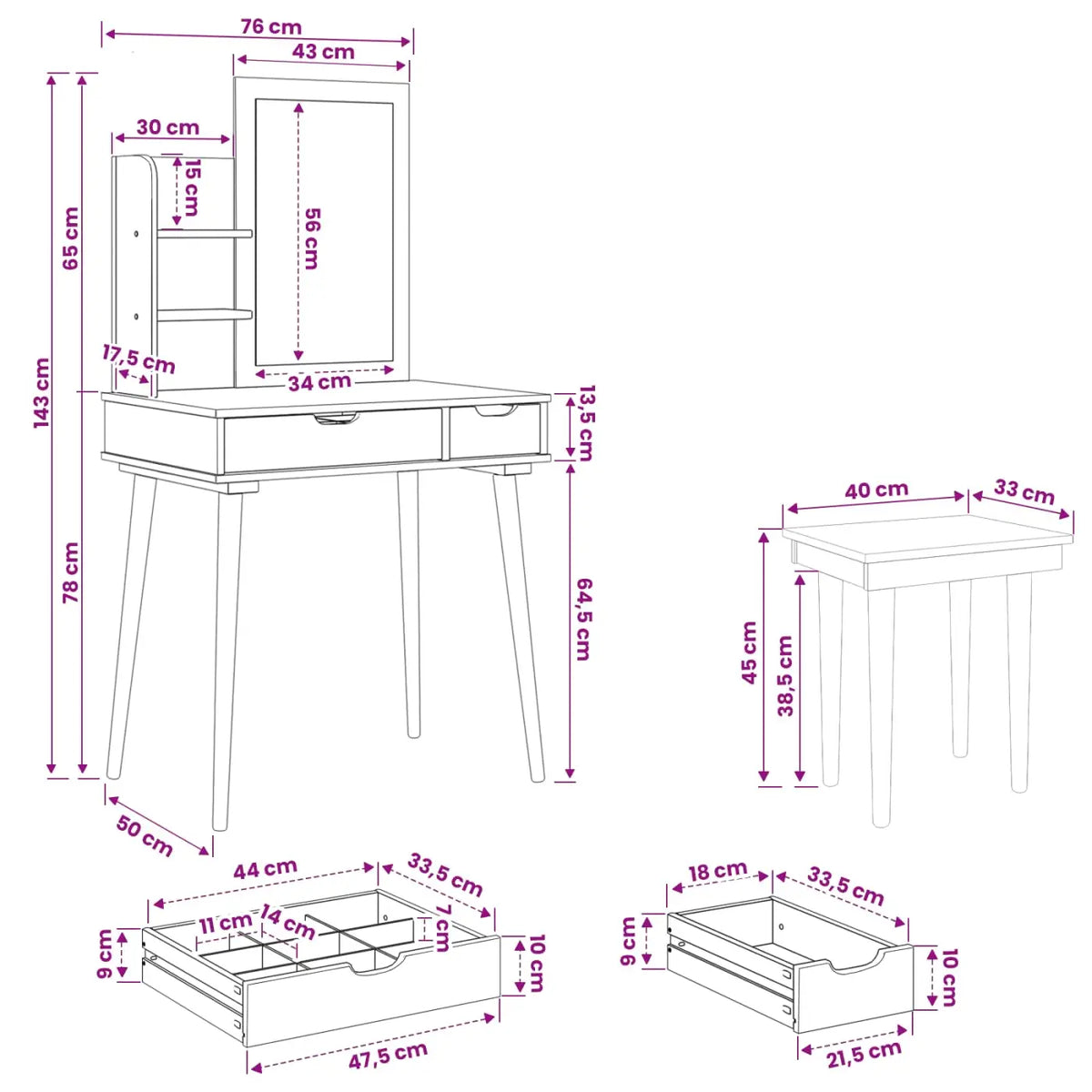 Ensemble de Coiffeuse FAUSKE 4 pc Blanc 76 x 50 x 143 cm - XIOS
