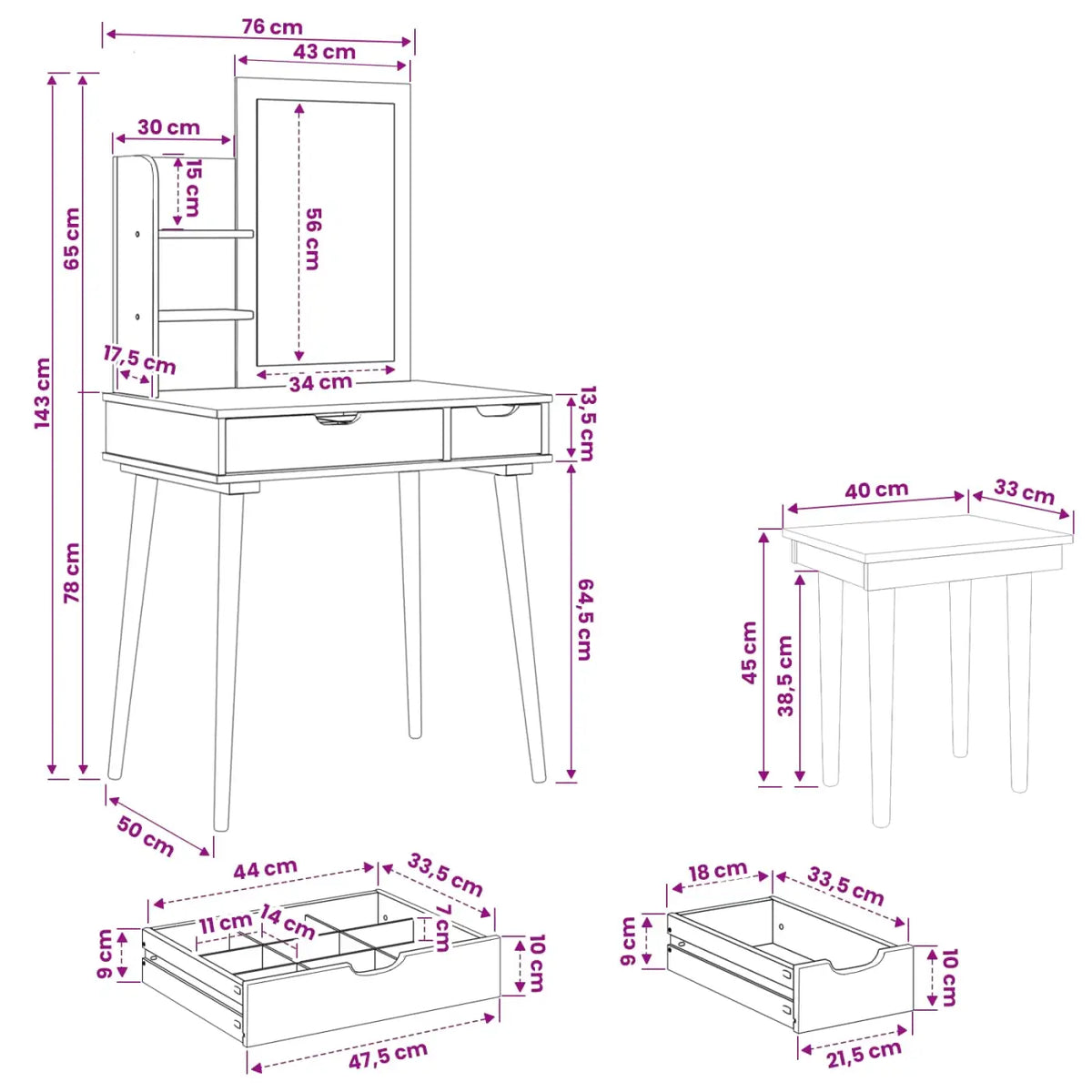 Ensemble de Coiffeuse FAUSKE 4 pc Blanc 76 x 50 x 143 cm - XIOS
