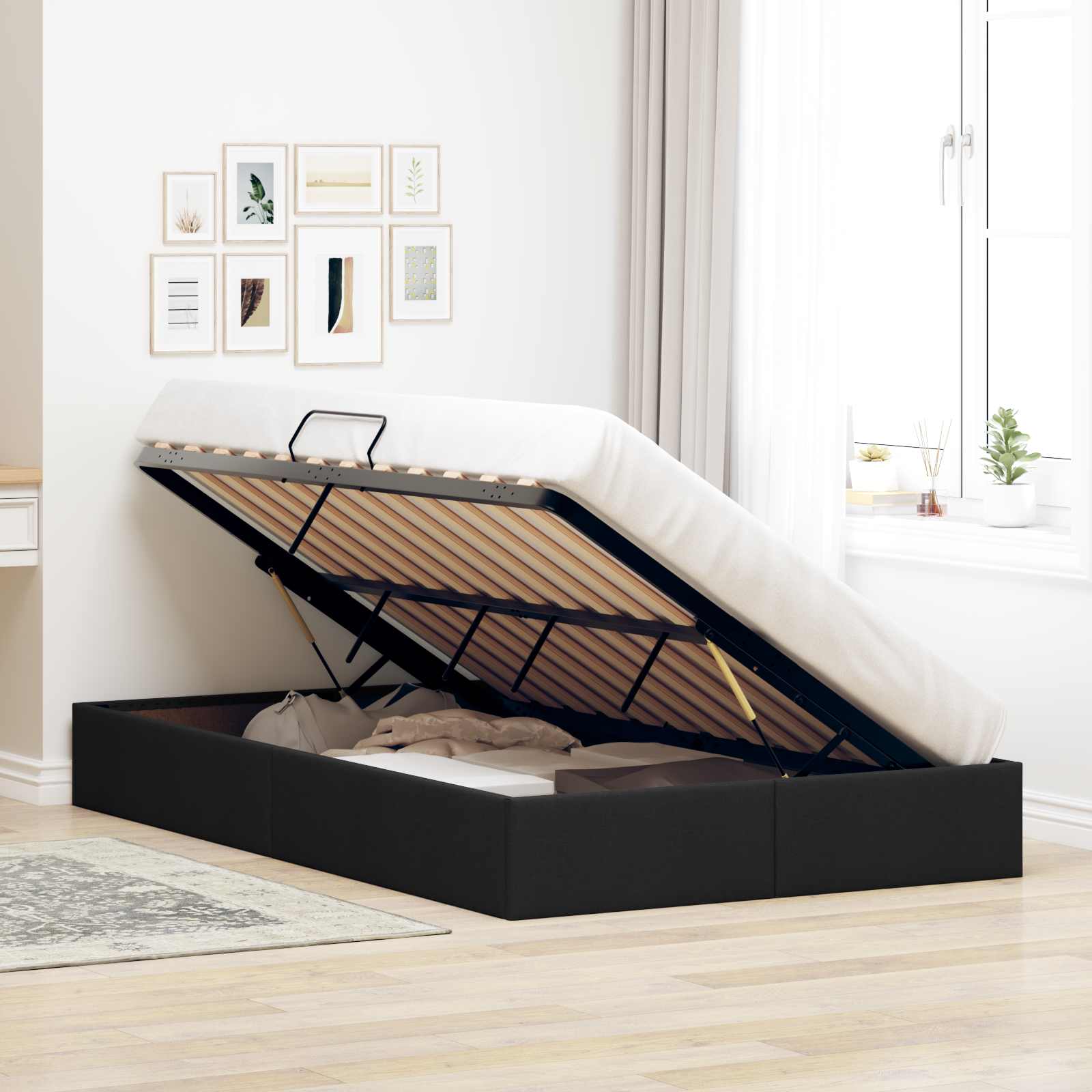 Cadre de lit ottoman avec stockage Noir 120 x 200 cm tissu