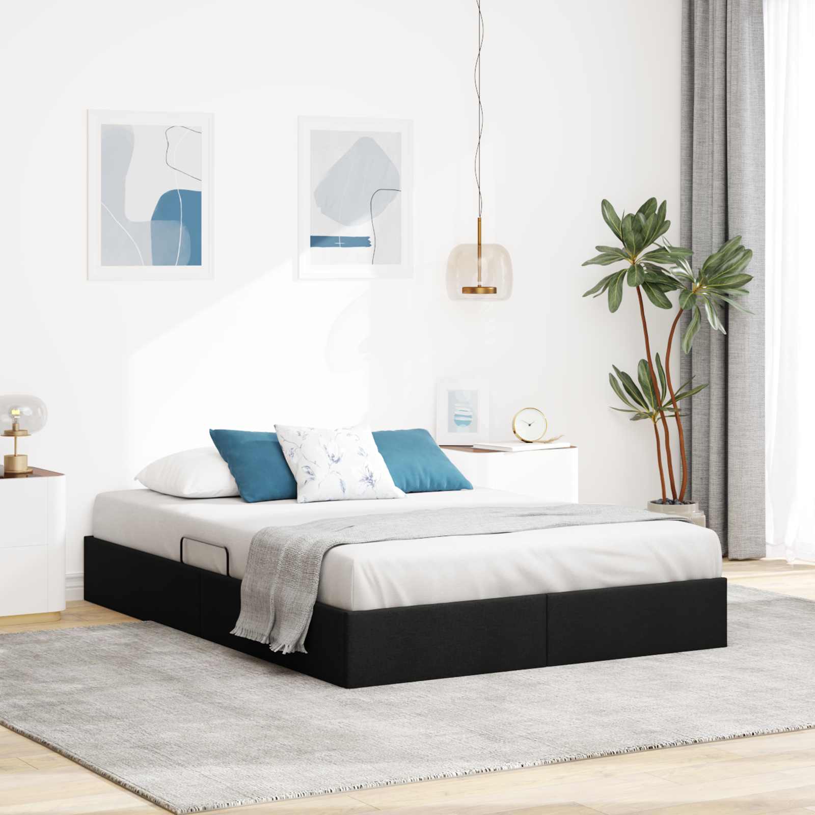 Cadre de lit ottoman avec stockage Noir 140 x 190 cm tissu