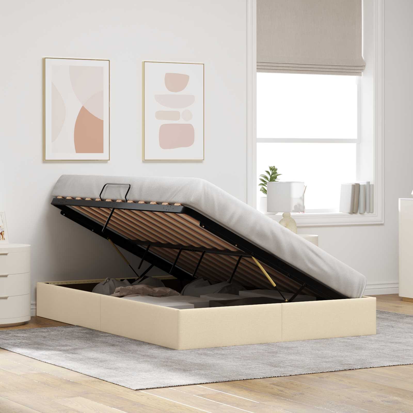Cadre de lit ottoman avec stockage Crème 140 x 190 cm tissu
