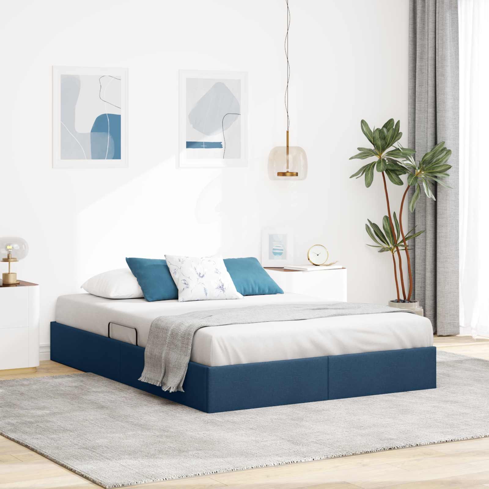 Cadre de lit ottoman avec stockage Bleu 140 x 200 cm tissu